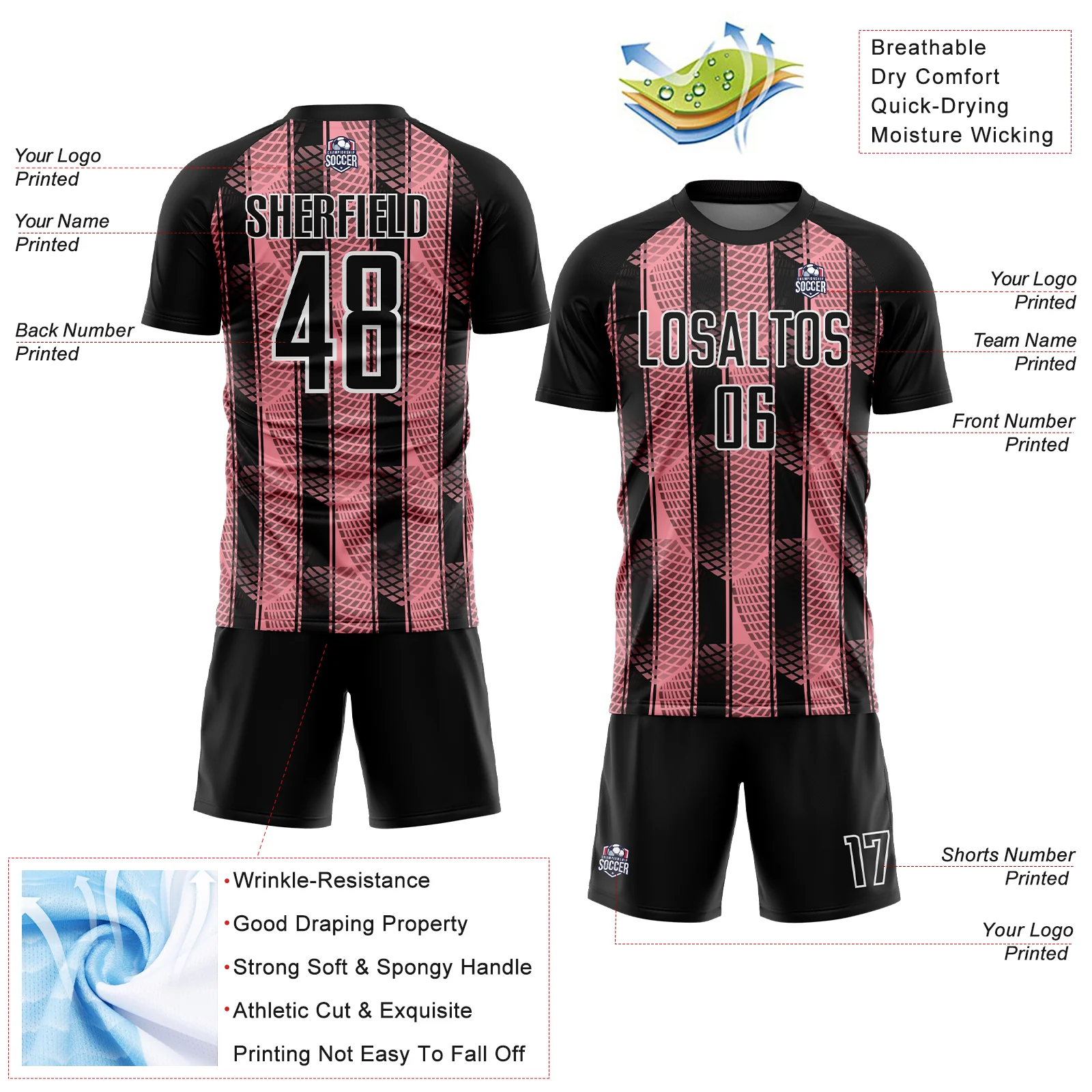 Custom Black Medium Pink-White Abstract Network Sublimation Soccer Uniform Jersey - Image 4