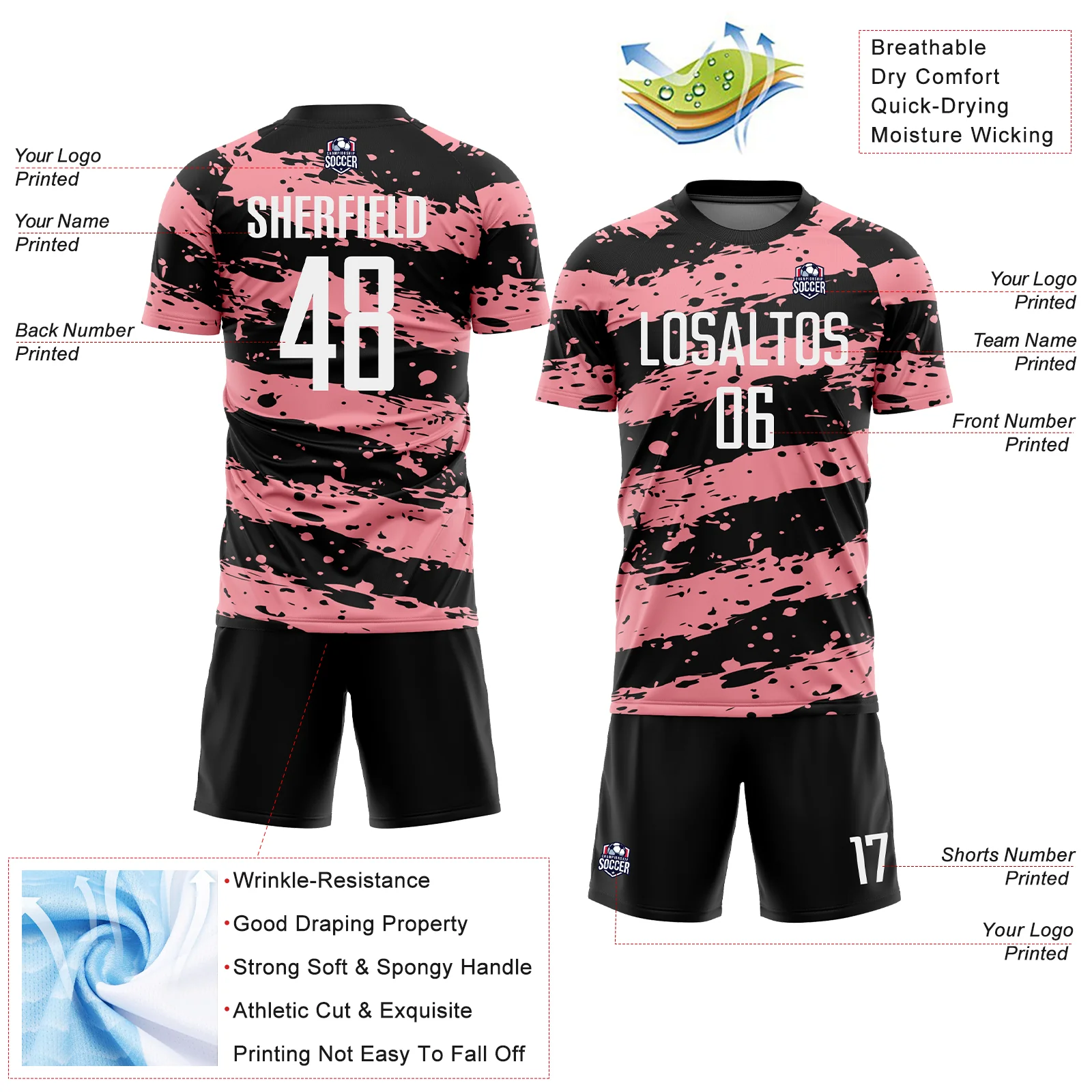 Custom Black White-Medium Pink Splash Sublimation Soccer Uniform Jersey - Image 4