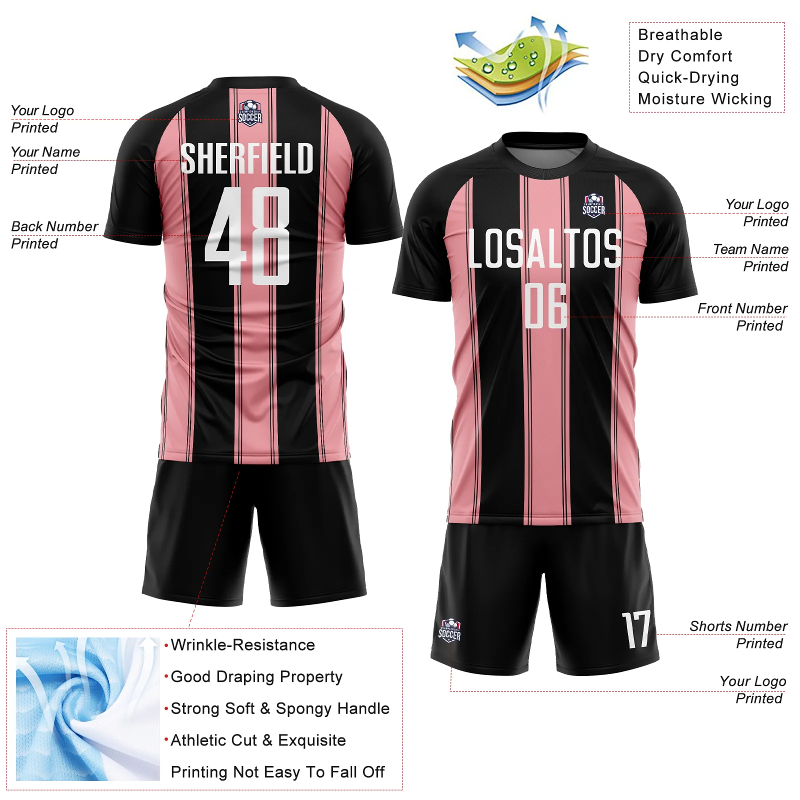 Custom Black White-Medium Pink Line Sublimation Soccer Uniform Jersey - Image 4