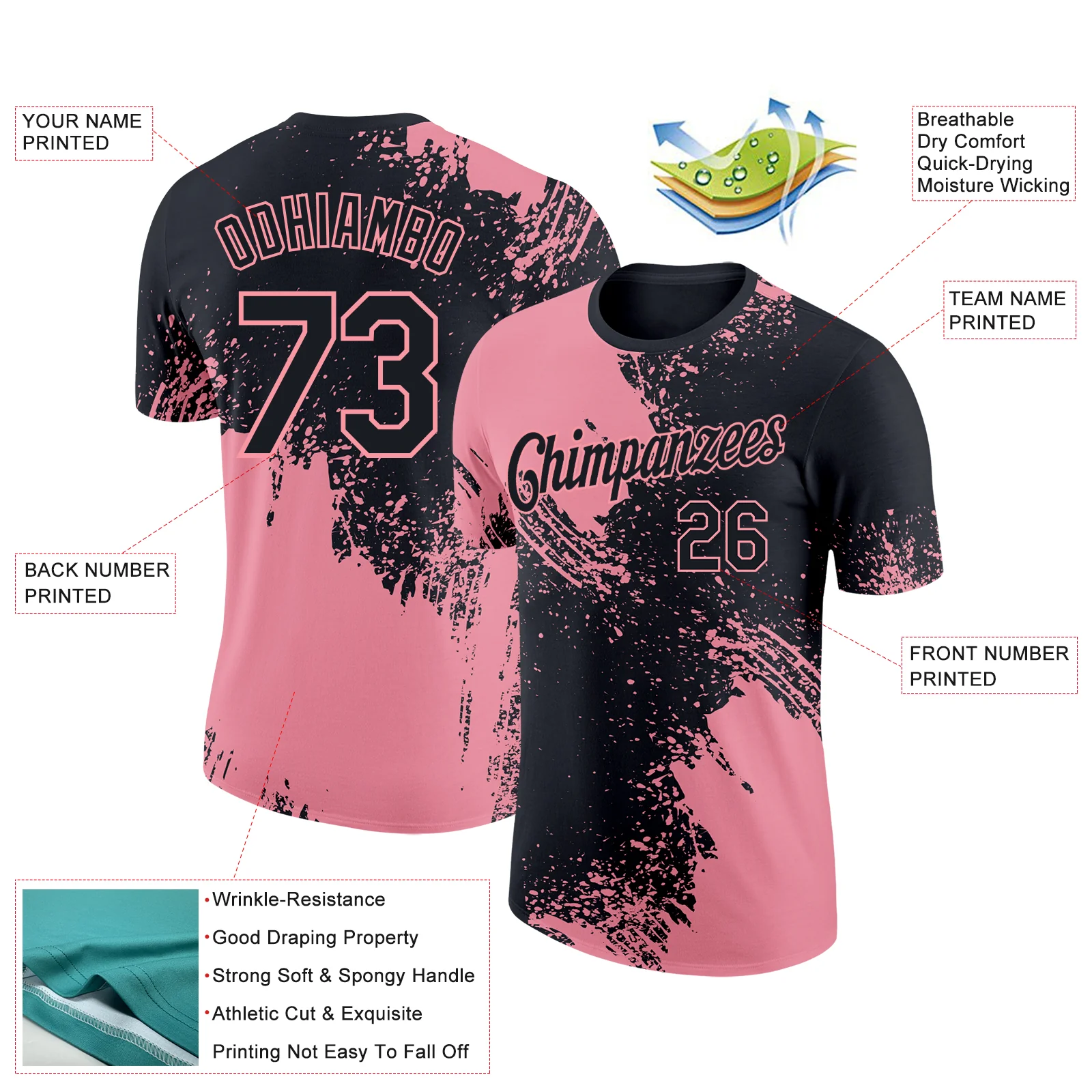 Custom Black Medium Pink 3D Pattern Design Abstract Brush Stroke Performance T-Shirt - Image 2