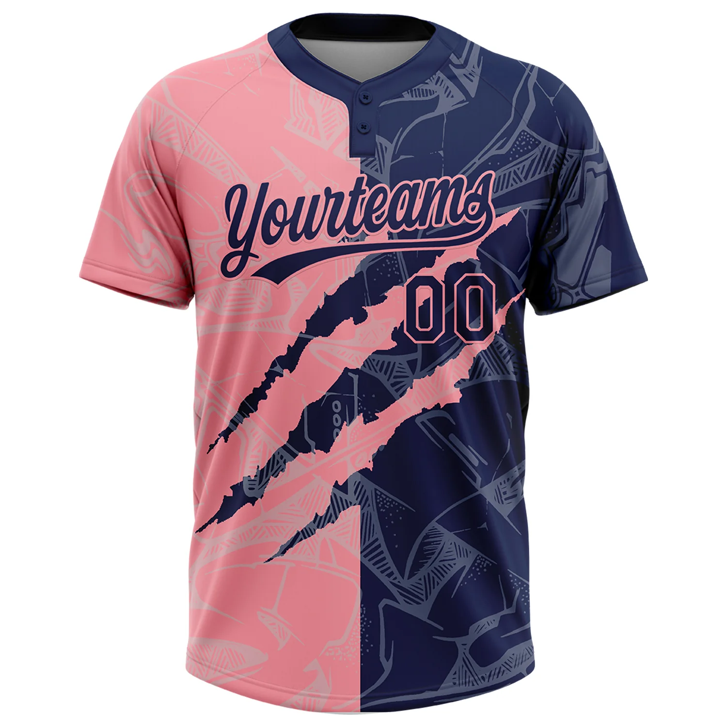 Custom Graffiti Pattern Navy-Medium Pink 3D Scratch Two-Button Unisex Softball Jersey - Image 2