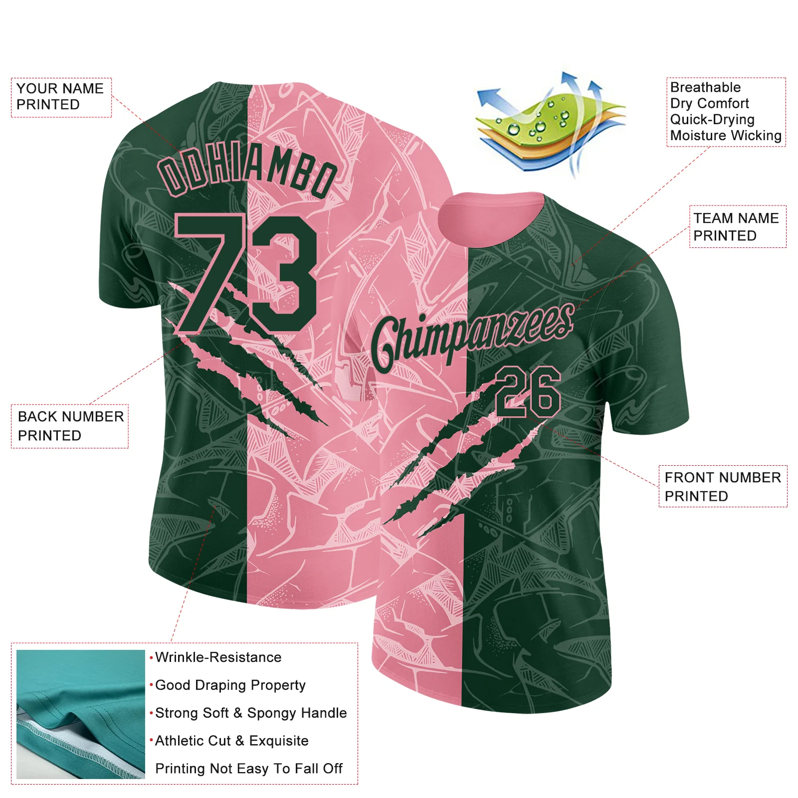 Custom Graffiti Pattern Green-Medium Pink Scratch 3D Performance T-Shirt - Image 2