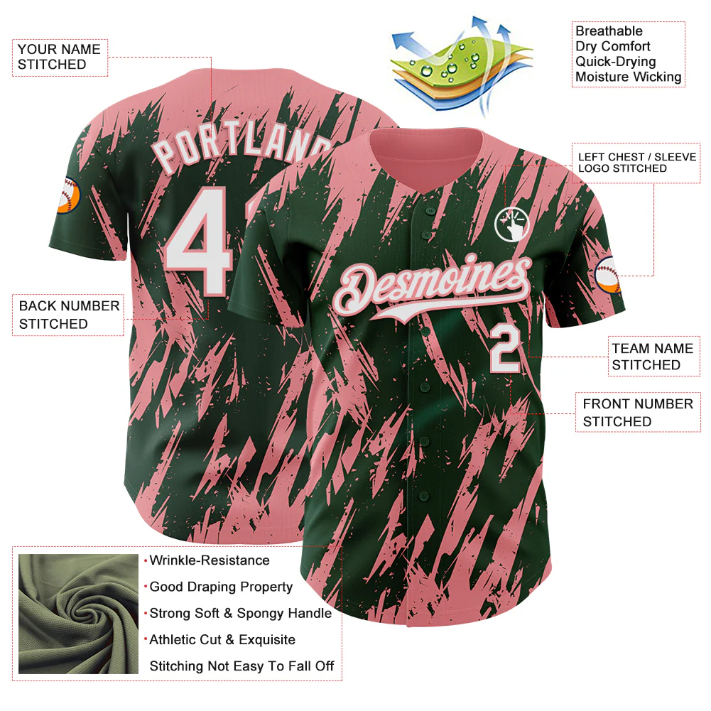 Custom Green White-Medium Pink Splatter Torn Sharp Brush Stroke Authentic Baseball Jersey - Image 3