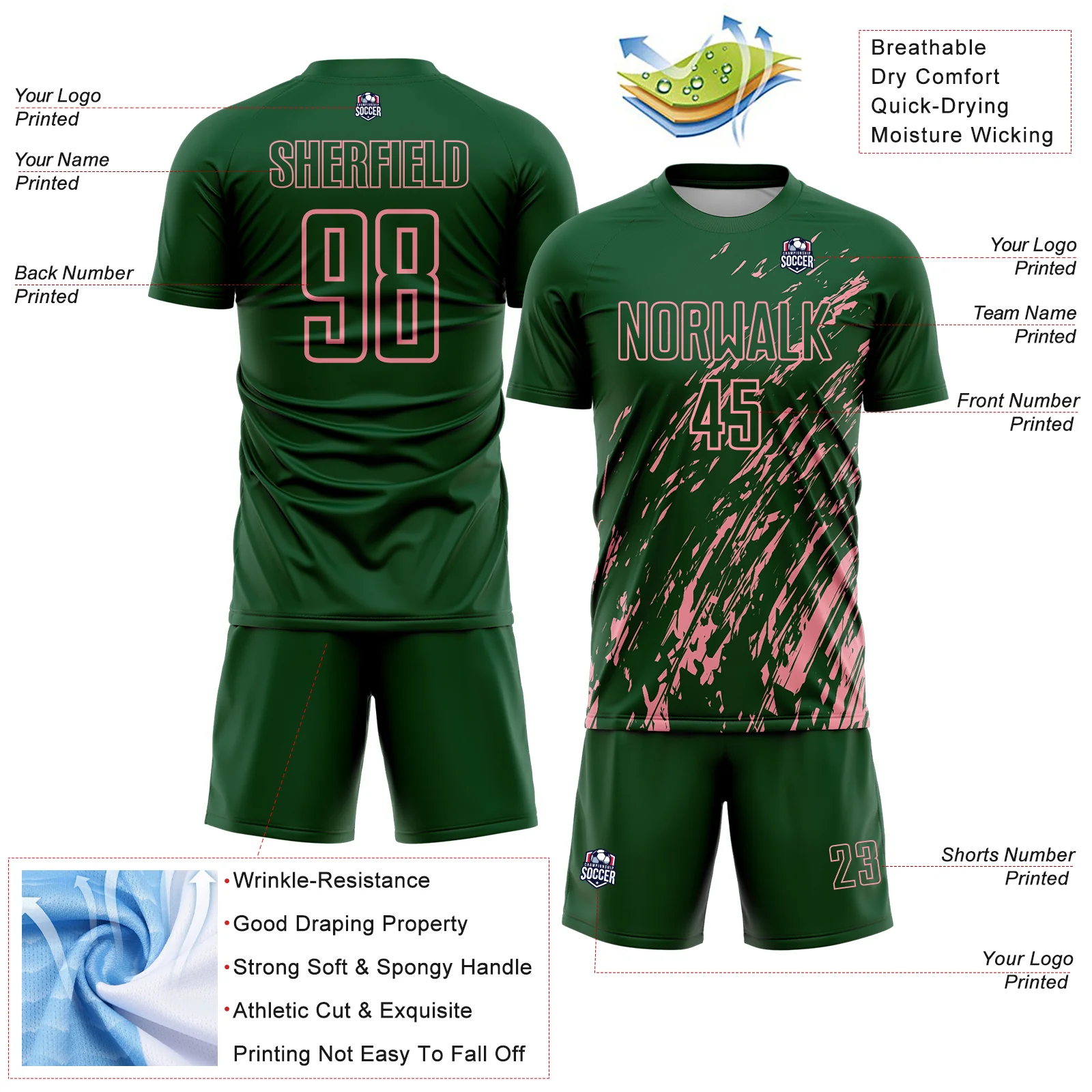 Custom Green Medium Pink Splash Sublimation Soccer Uniform Jersey - Image 4