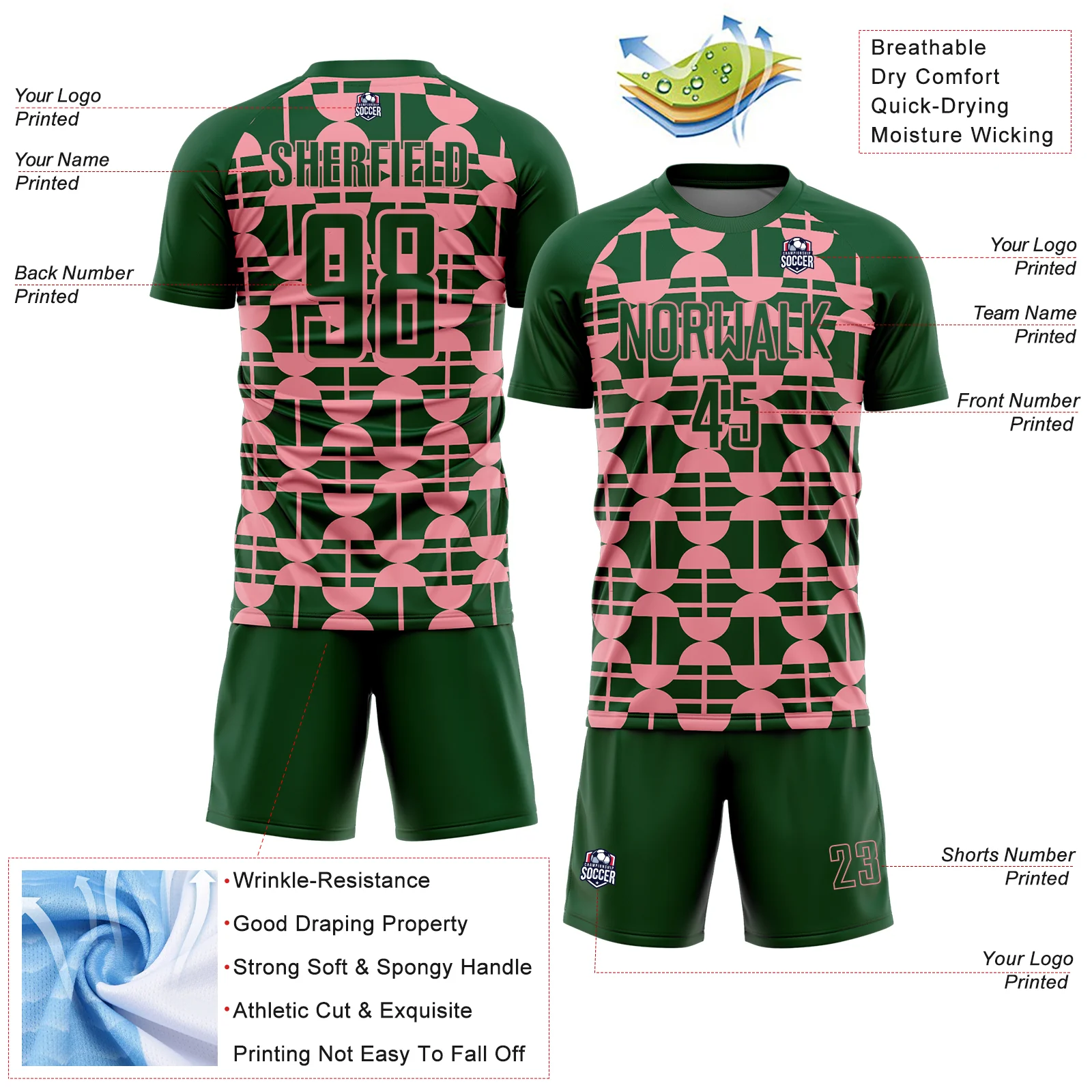 Custom Green Medium Pink Geometric Shapes Sports Sublimation Soccer Uniform Jersey - Image 4