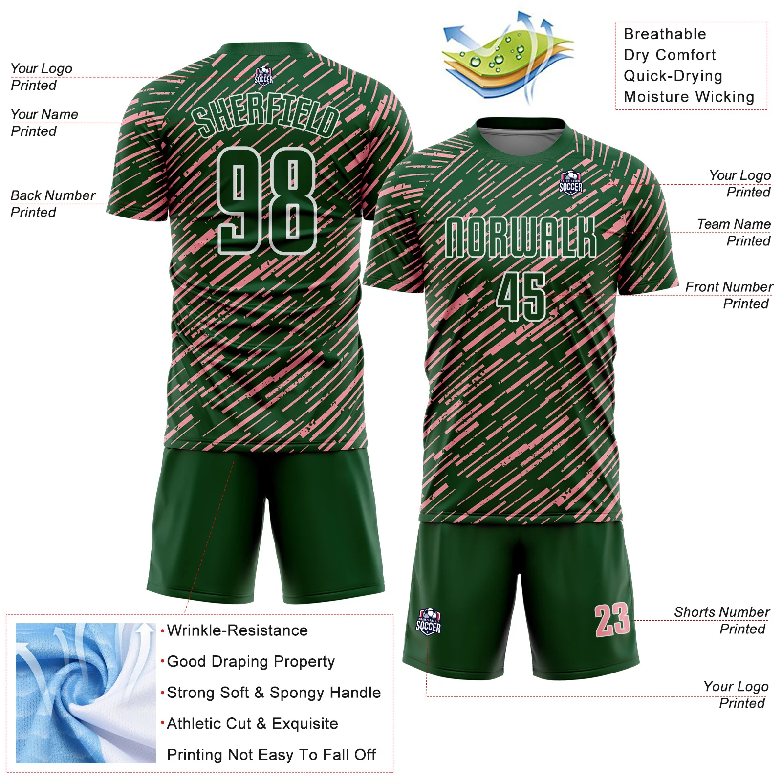 Custom Green Medium Pink-White Line Sports Sublimation Soccer Uniform Jersey - Image 4