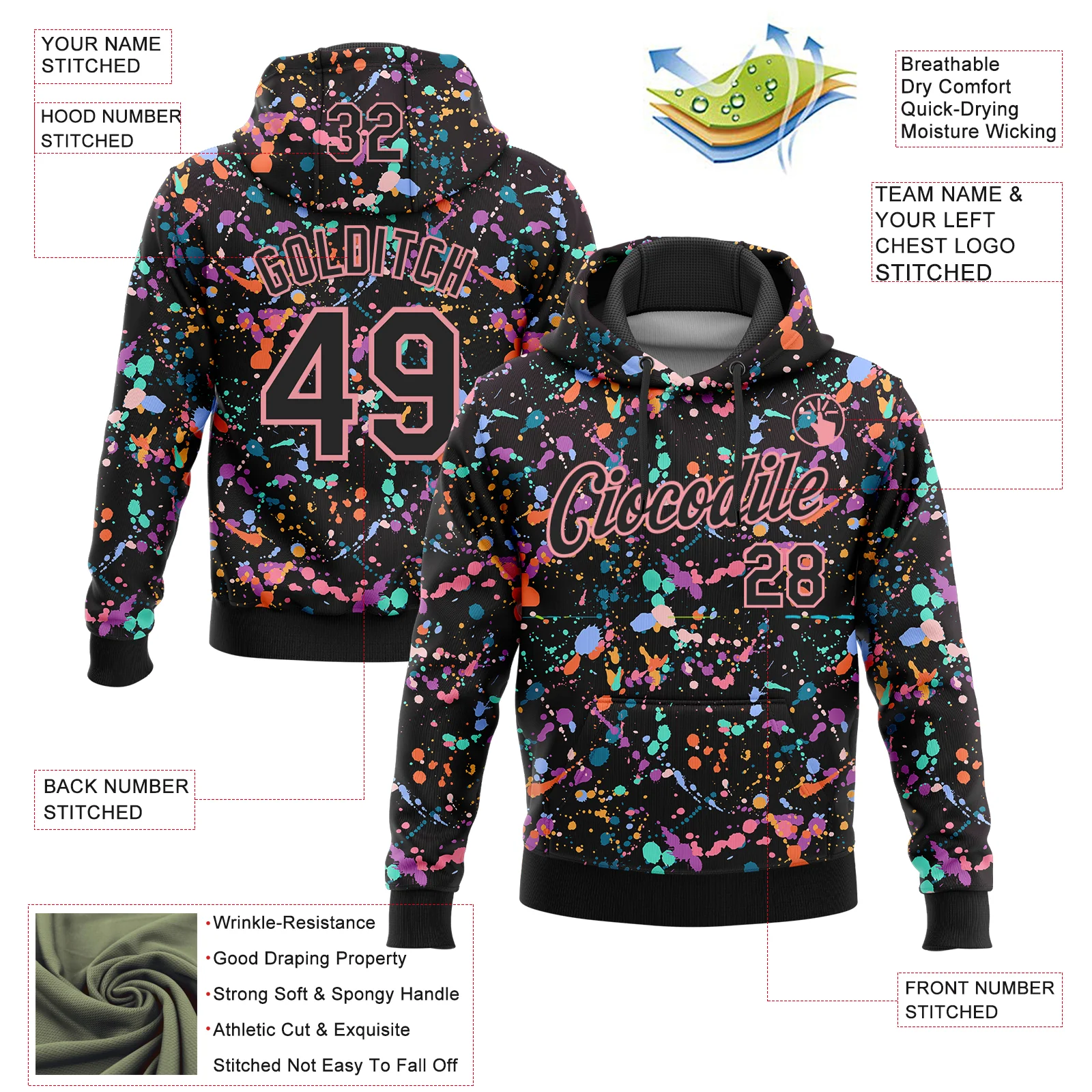 Custom Stitched Graffiti Pattern Black-Medium Pink 3D Splash Grunge Art Sports Pullover Sweatshirt Hoodie - Image 2