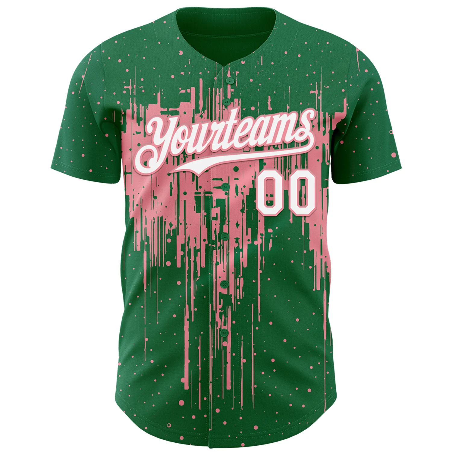 Custom Kelly Green White-Medium Pink Dripping Splatter Paint Authentic Baseball Jersey - Image 2