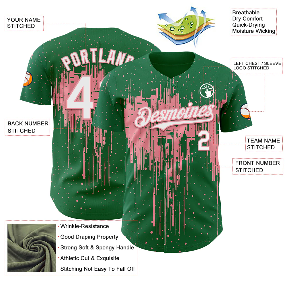 Custom Kelly Green White-Medium Pink Dripping Splatter Paint Authentic Baseball Jersey - Image 3