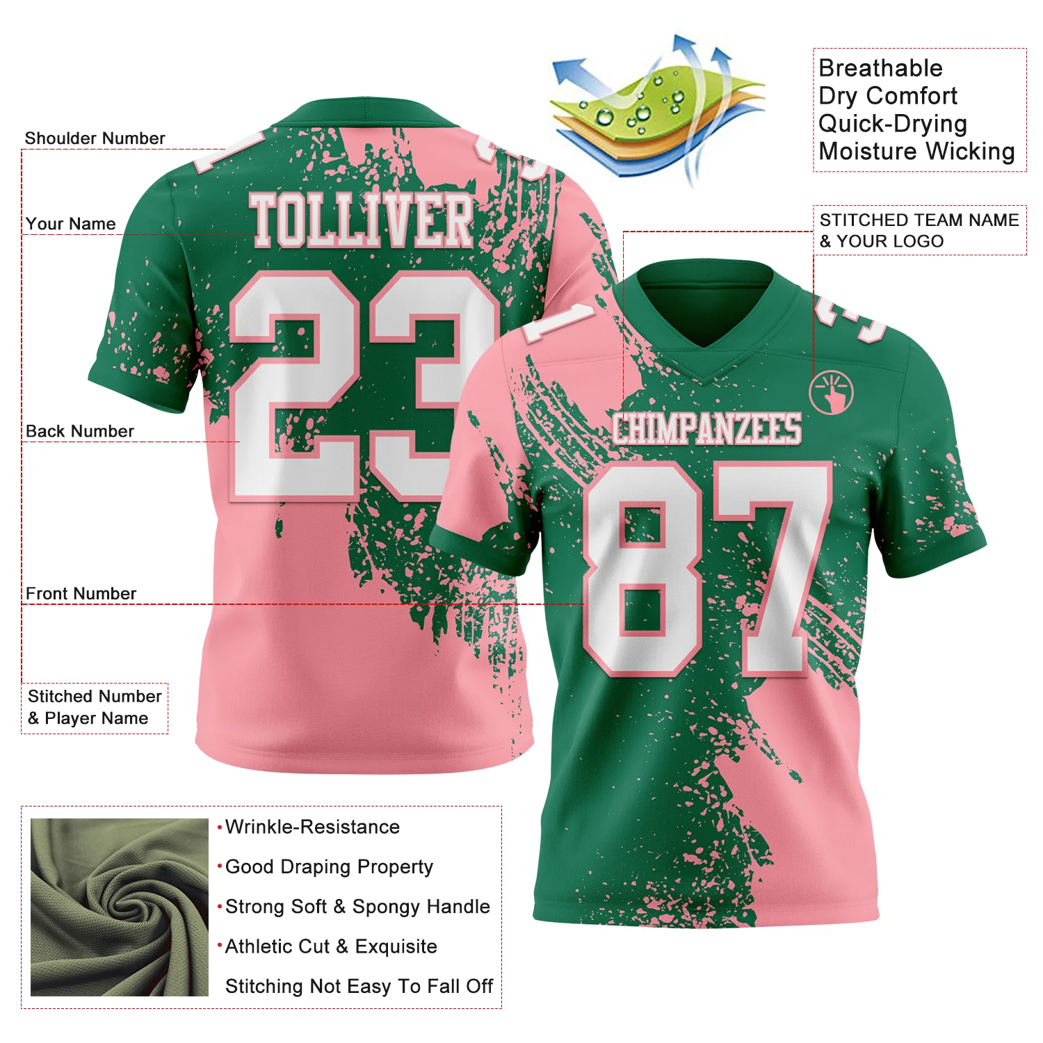Custom Kelly Green White-Medium Pink 3D Pattern Abstract Brush Stroke Authentic Football Jersey - Image 2