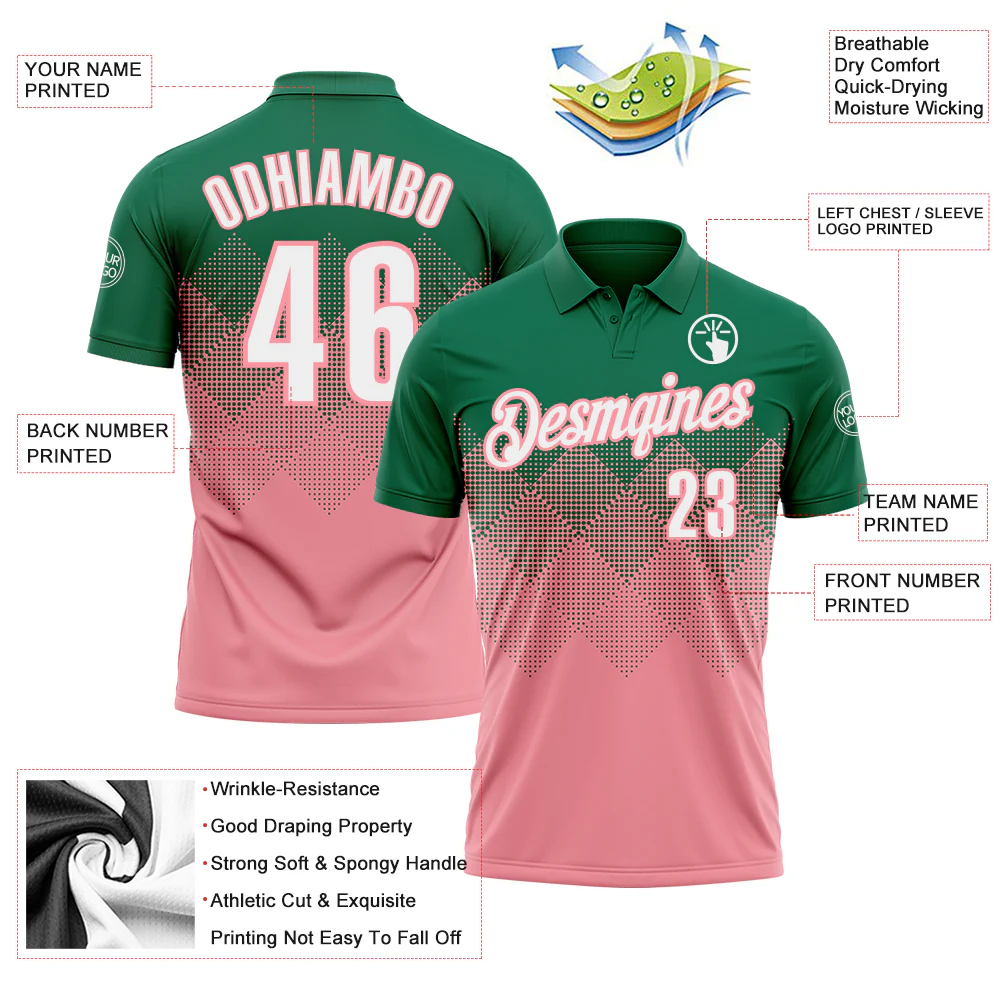Custom Kelly Green White-Medium Pink 3D Gradient Square Shape Performance Polo Shirt - Image 3