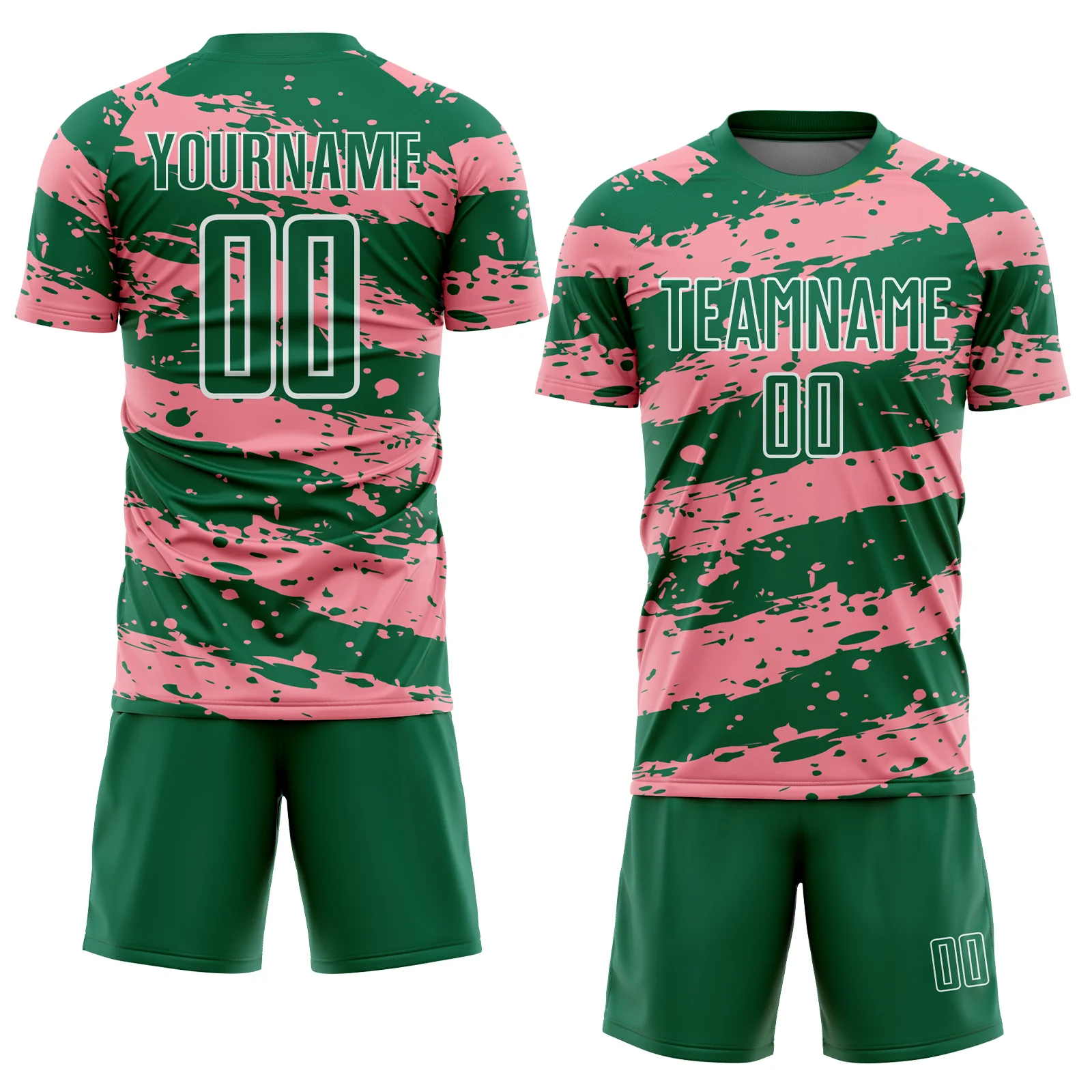 Custom Kelly Green Medium Pink-White Splash Sublimation Soccer Uniform Jersey - Image 2
