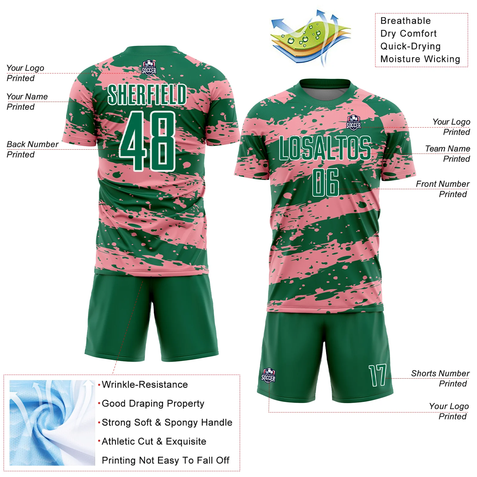 Custom Kelly Green Medium Pink-White Splash Sublimation Soccer Uniform Jersey - Image 4