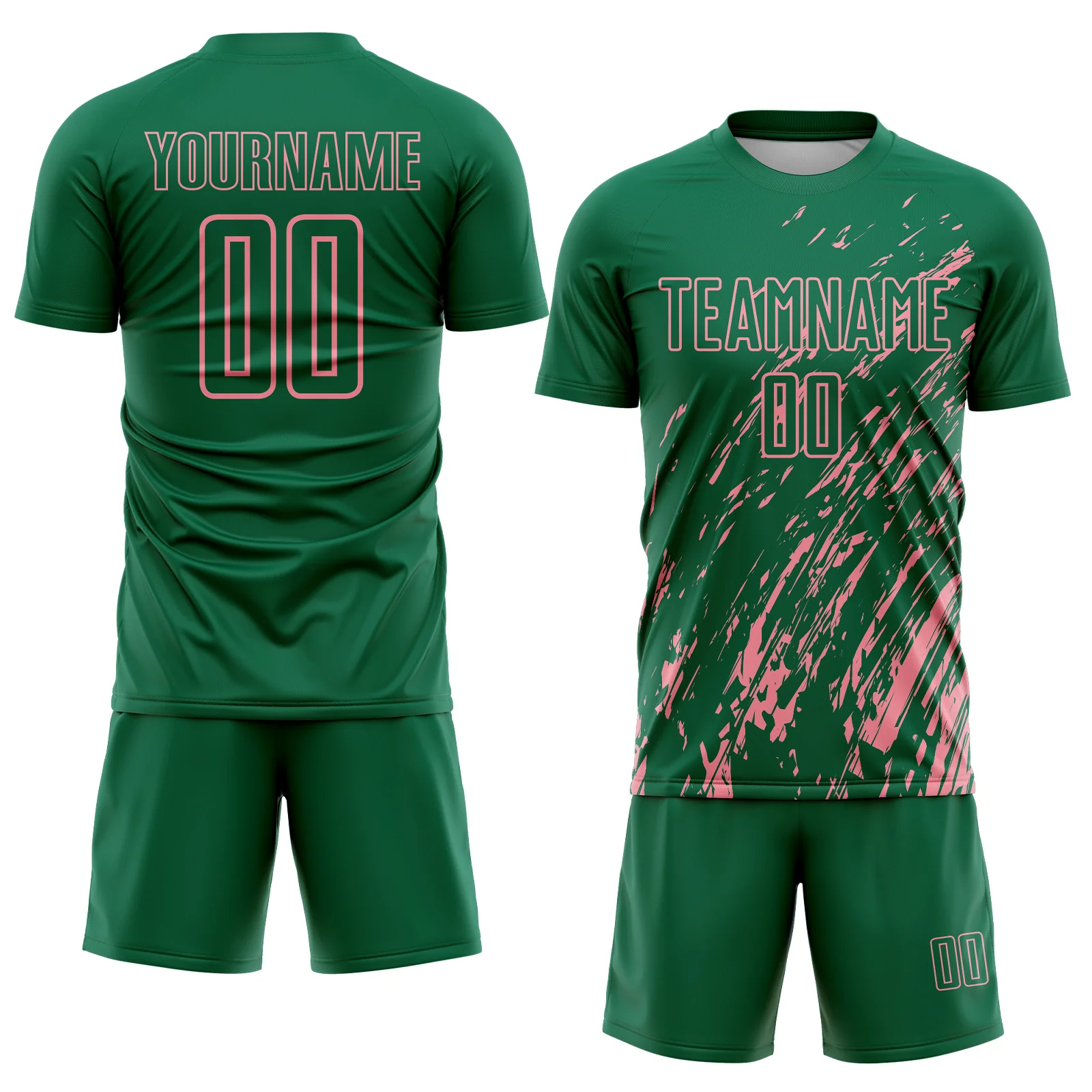 Custom Kelly Green Medium Pink Splash Sublimation Soccer Uniform Jersey - Image 2