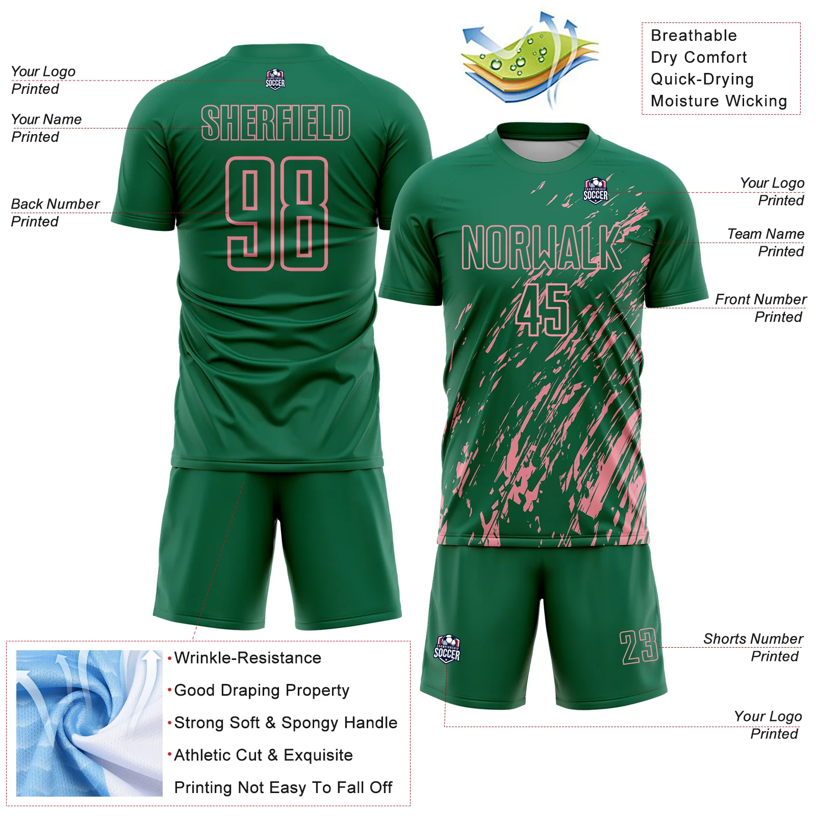Custom Kelly Green Medium Pink Splash Sublimation Soccer Uniform Jersey - Image 4