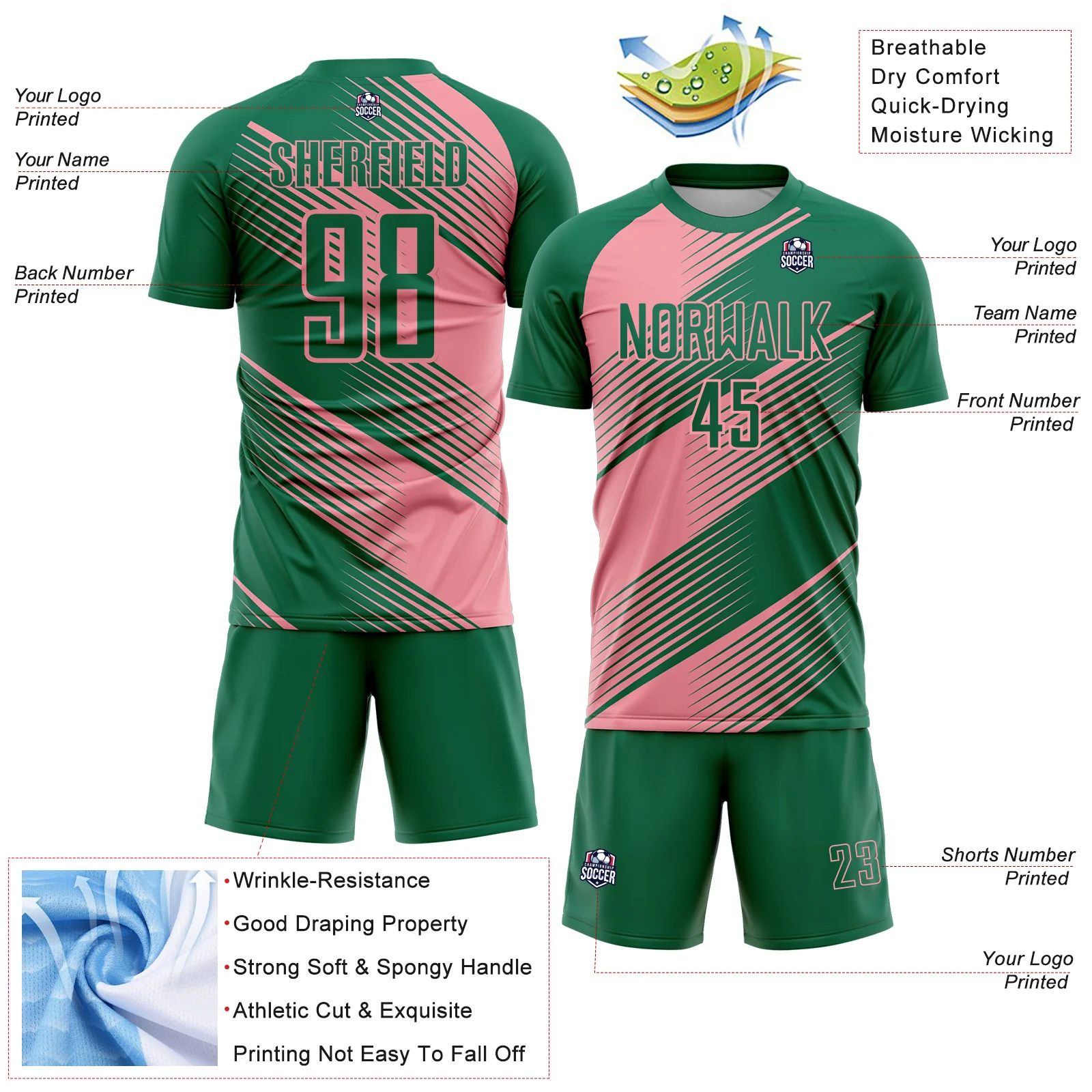 Custom Kelly Green Medium Pink Line Sublimation Soccer Uniform Jersey - Image 4