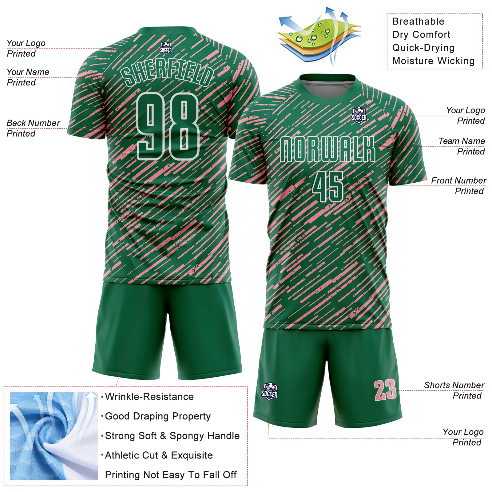 Custom Kelly Green Medium Pink-White Line Sports Sublimation Soccer Uniform Jersey - Image 4