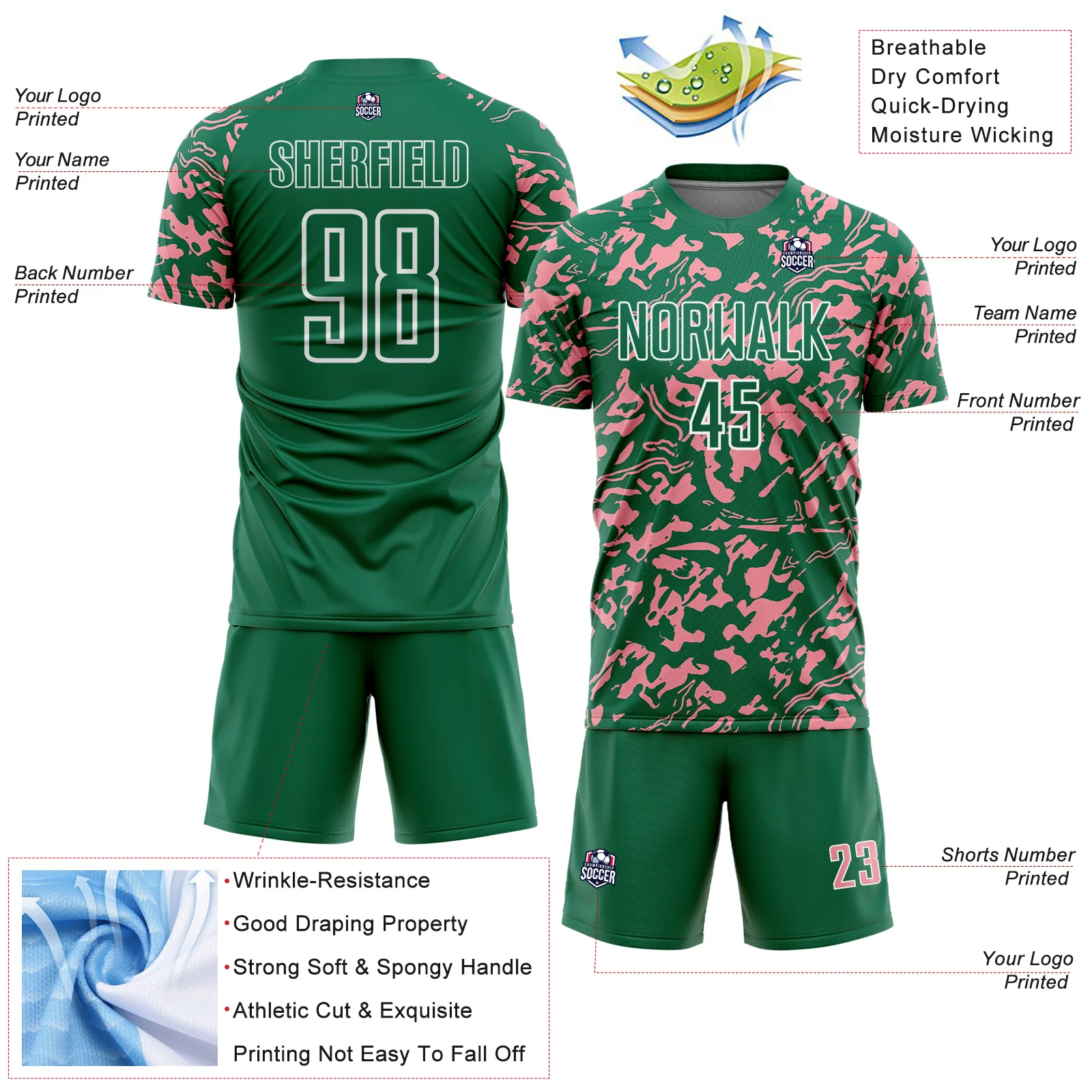 Custom Kelly Green Medium Pink-White Liquid Fluid Pattern Sports Sublimation Soccer Uniform Jersey - Image 4