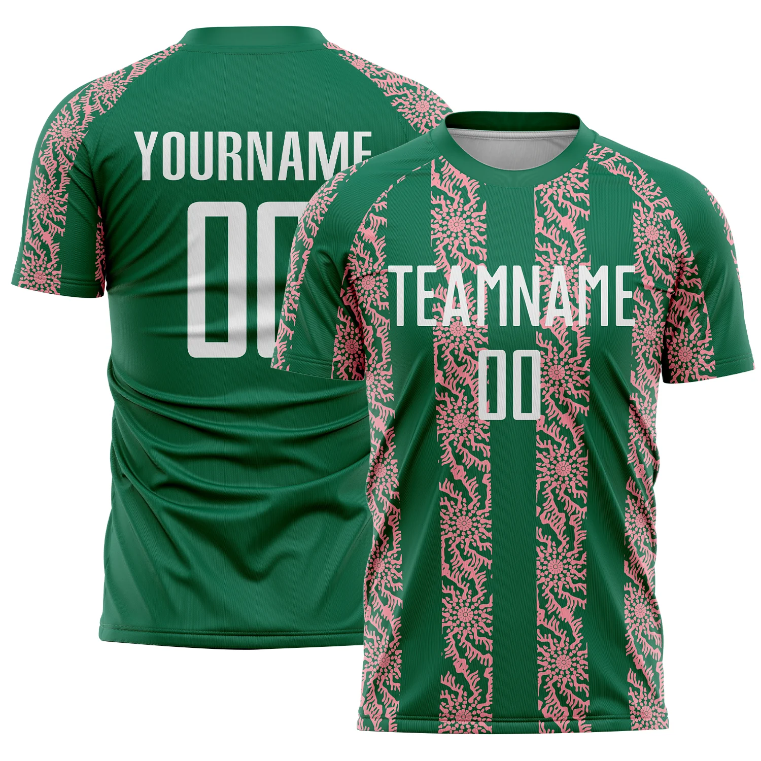 Custom Kelly Green White-Medium Pink Abstract Shape Sublimation Soccer Uniform Jersey