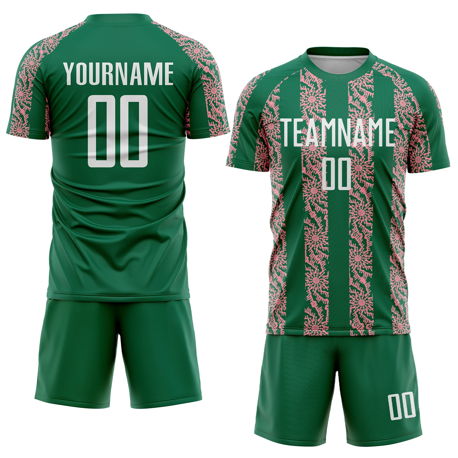 Custom Kelly Green White-Medium Pink Abstract Shape Sublimation Soccer Uniform Jersey - Image 2