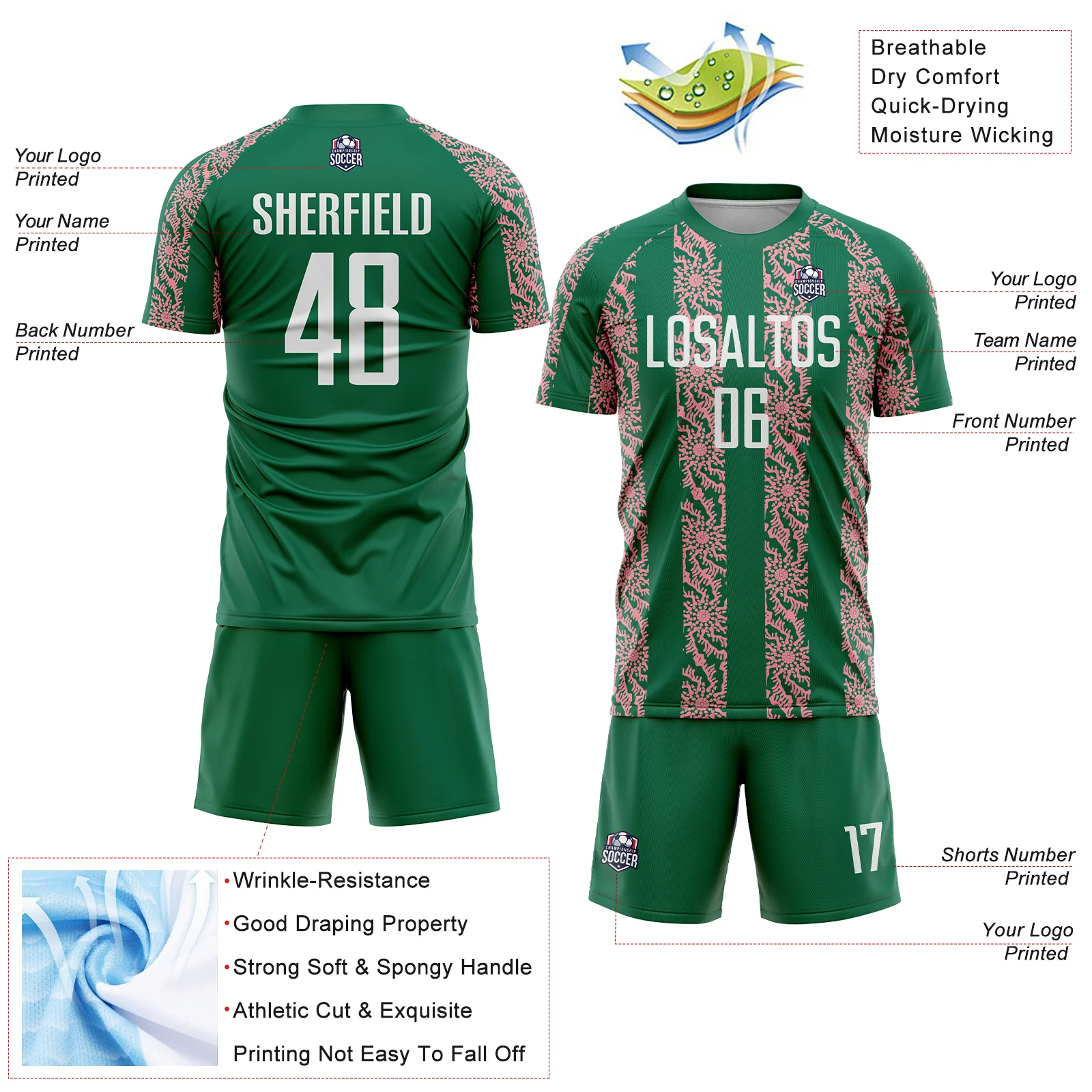 Custom Kelly Green White-Medium Pink Abstract Shape Sublimation Soccer Uniform Jersey - Image 4