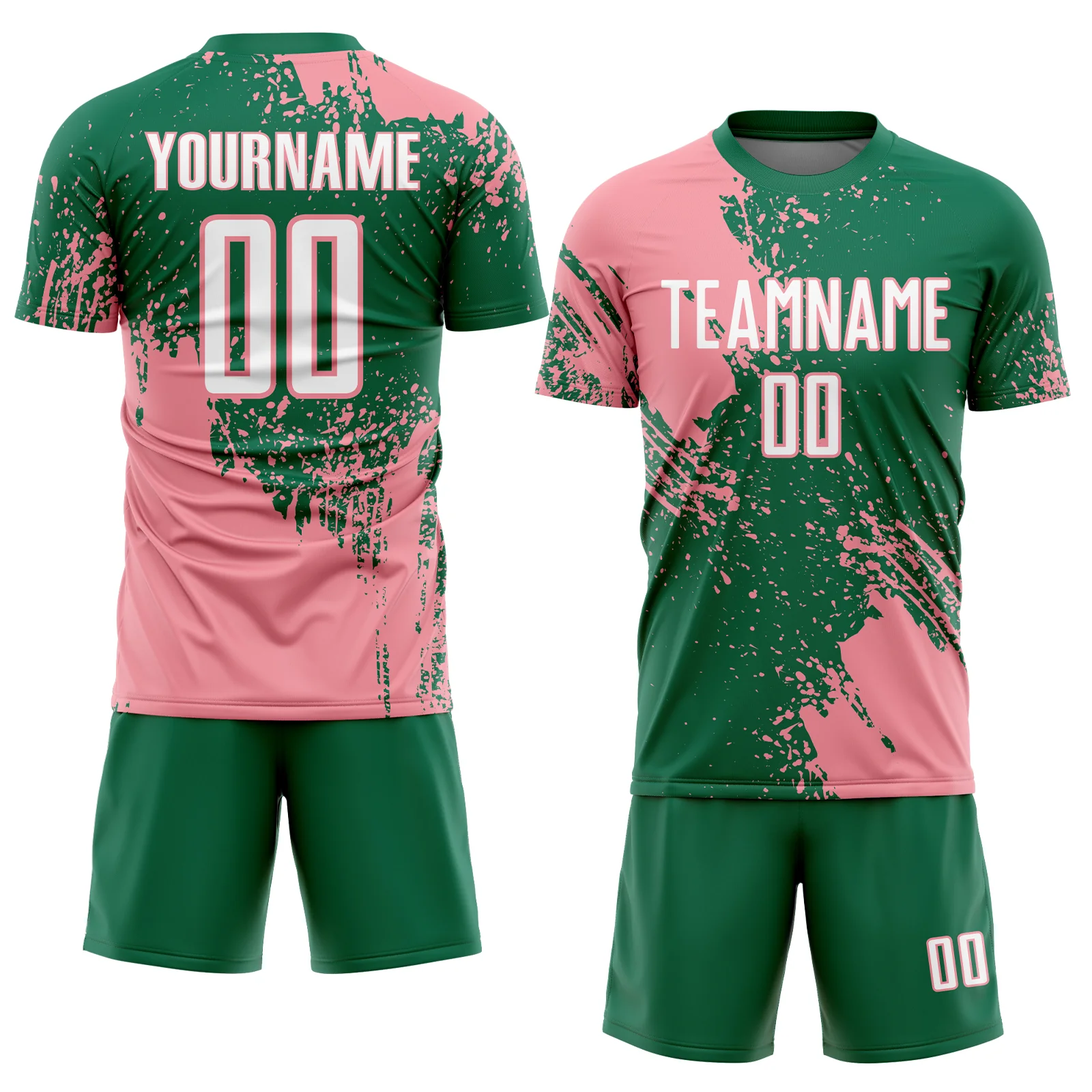 Custom Kelly Green White-Medium Pink Abstract Brush Stroke Sports Sublimation Soccer Uniform Jersey - Image 2