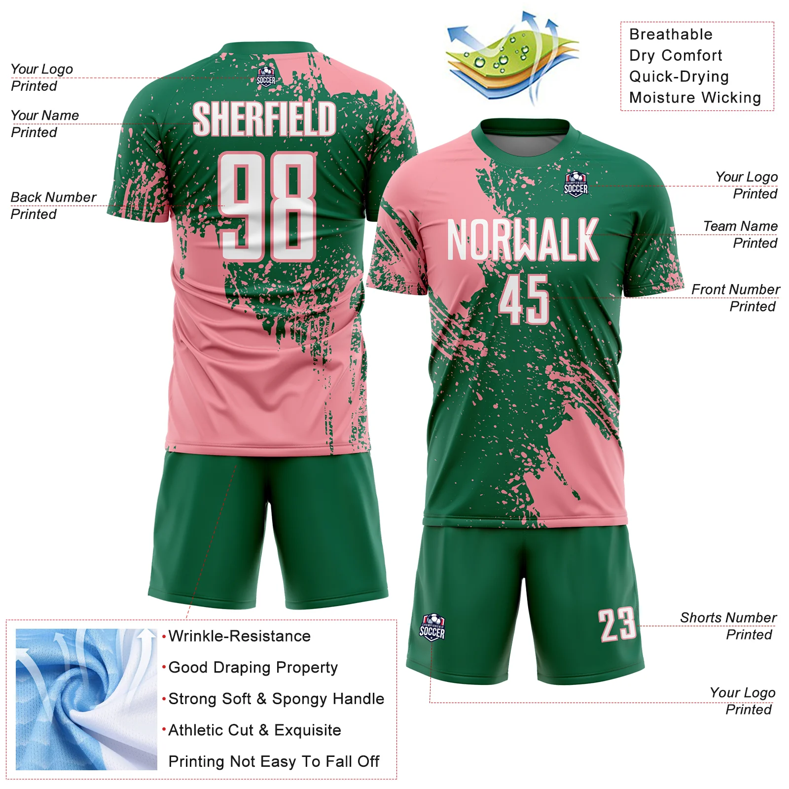 Custom Kelly Green White-Medium Pink Abstract Brush Stroke Sports Sublimation Soccer Uniform Jersey - Image 4