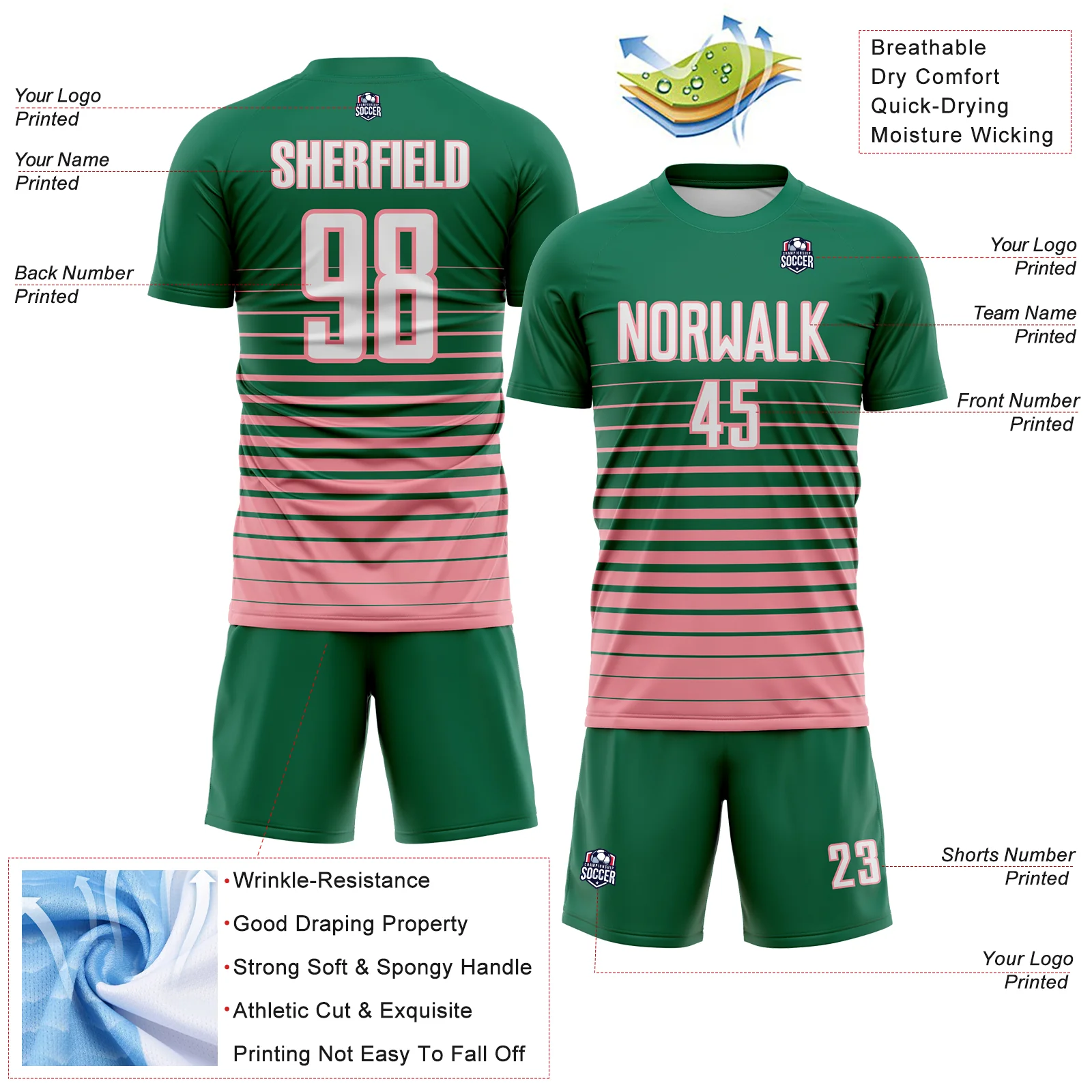 Custom Kelly Green White-Medium Pink Gradient Pinstripe Sublimation Soccer Uniform Jersey - Image 4