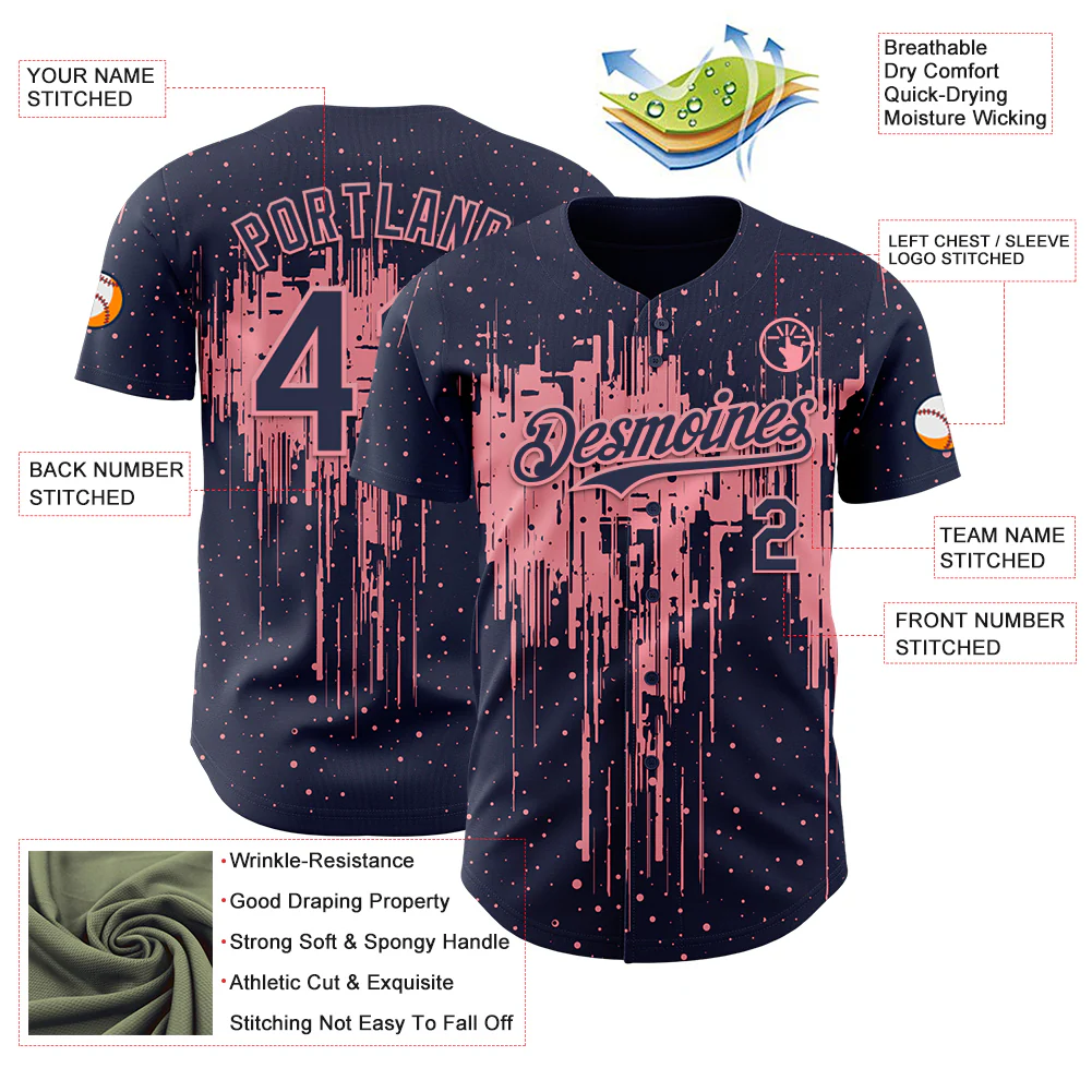 Custom Navy Medium Pink Dripping Splatter Paint Authentic Baseball Jersey - Image 3