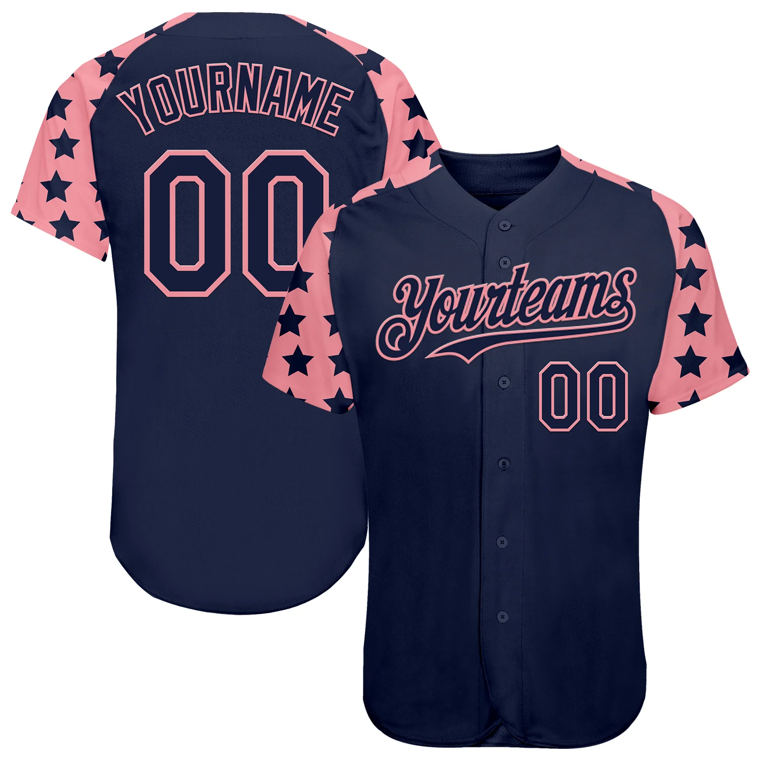 Custom Navy Medium Pink Star Raglan Sleeves Authentic Baseball Jersey
