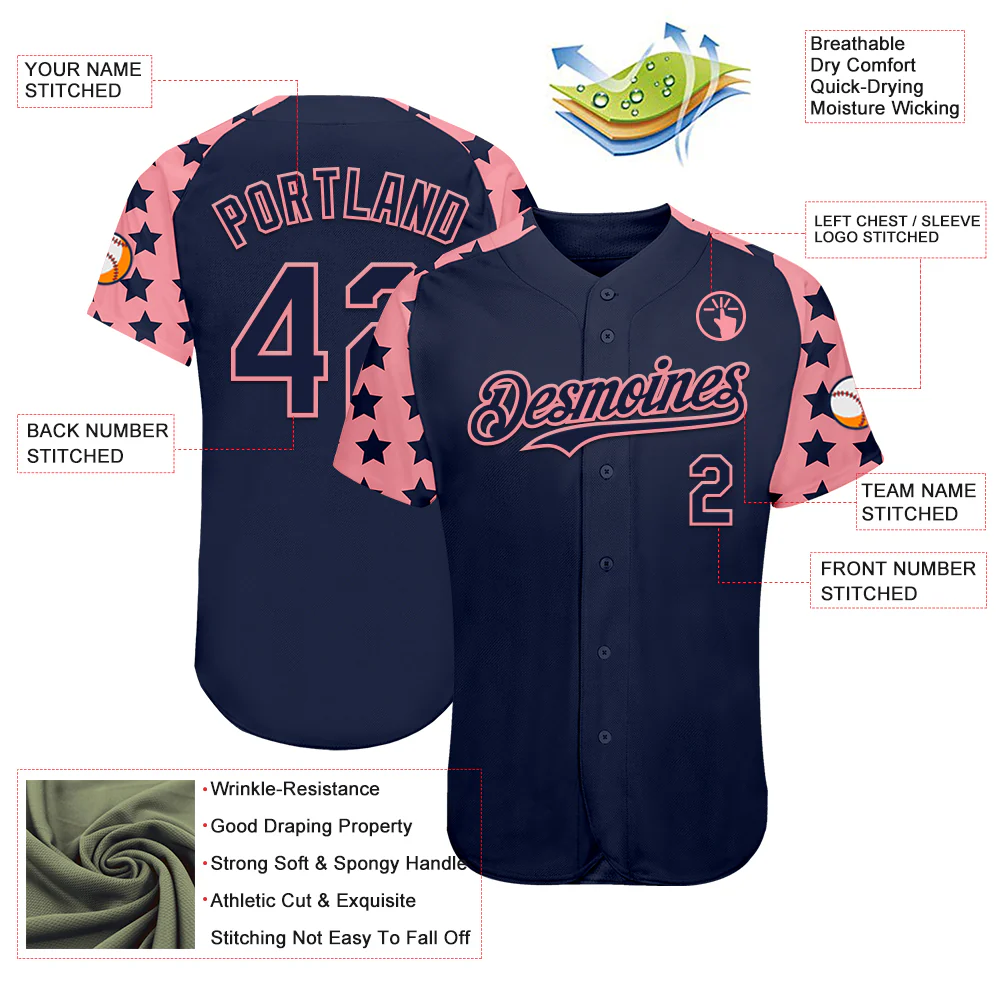 Custom Navy Medium Pink Star Raglan Sleeves Authentic Baseball Jersey - Image 3
