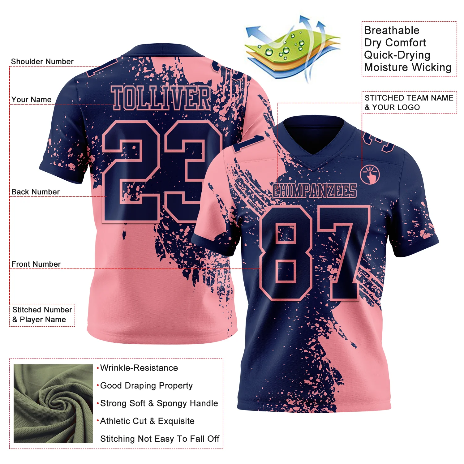 Custom Navy Medium Pink 3D Pattern Abstract Brush Stroke Authentic Football Jersey - Image 2