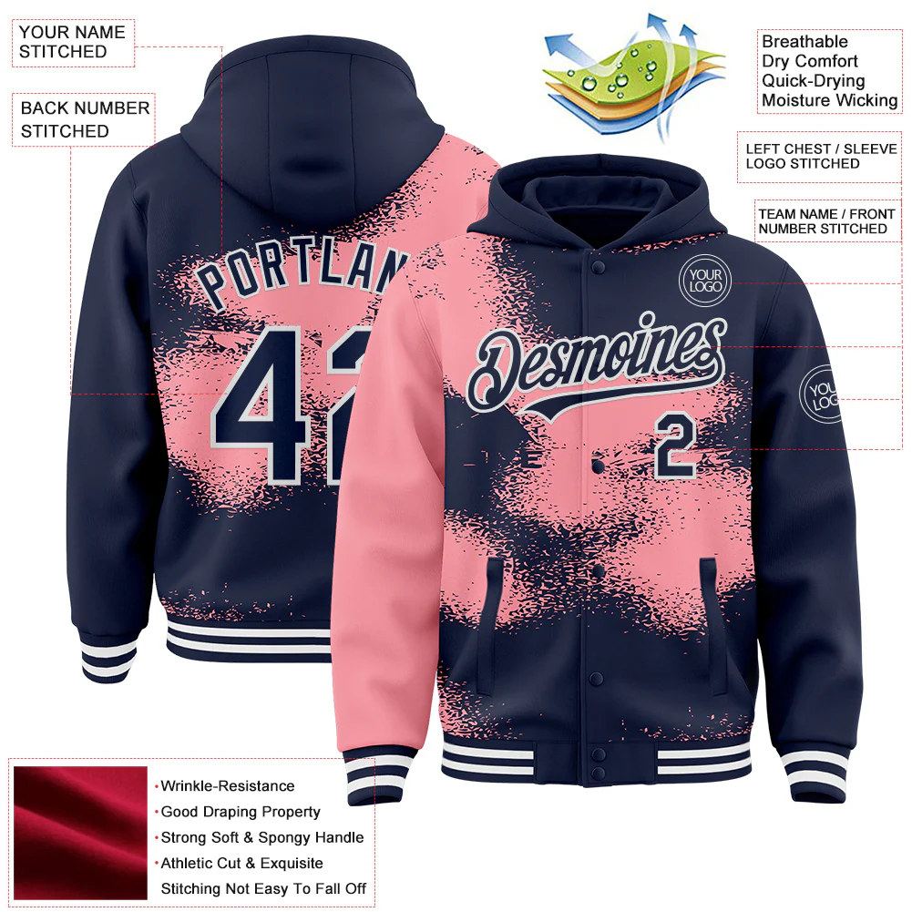 Custom Navy Medium Pink-White Abstract Color Blocks Fragment Pattern Bomber Full-Snap Varsity Letterman Hoodie Jacket - Image 4