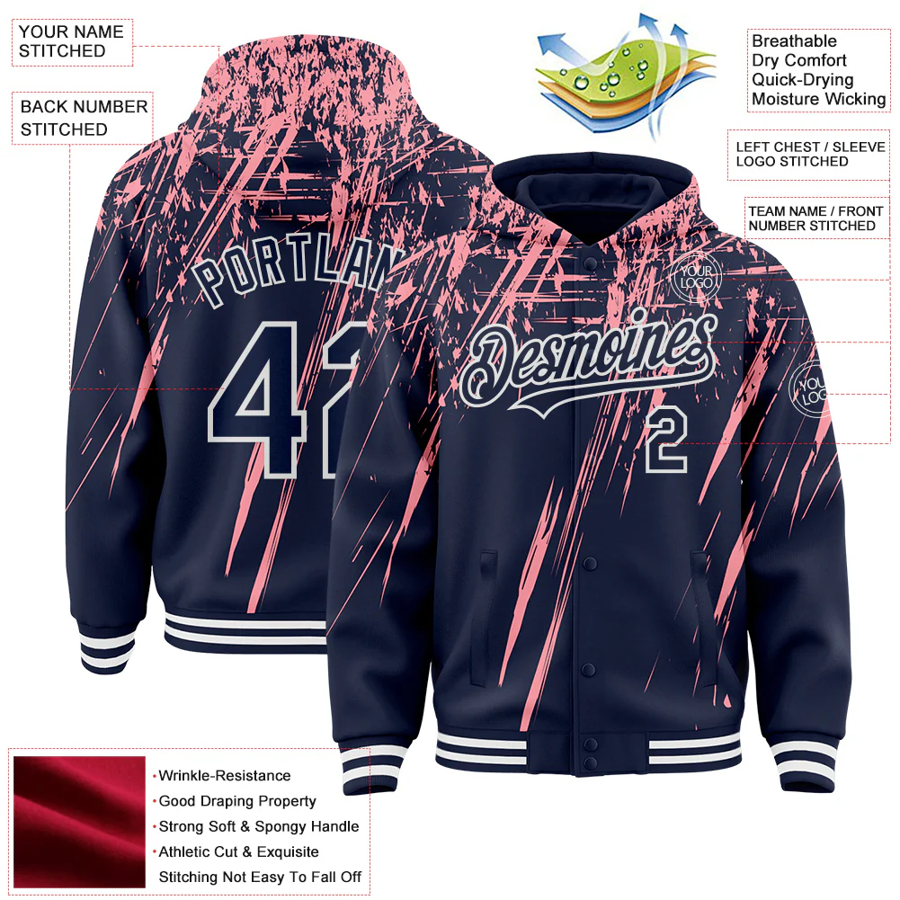Custom Navy Medium Pink-White Splash Bomber Full-Snap Varsity Letterman Hoodie Jacket - Image 4