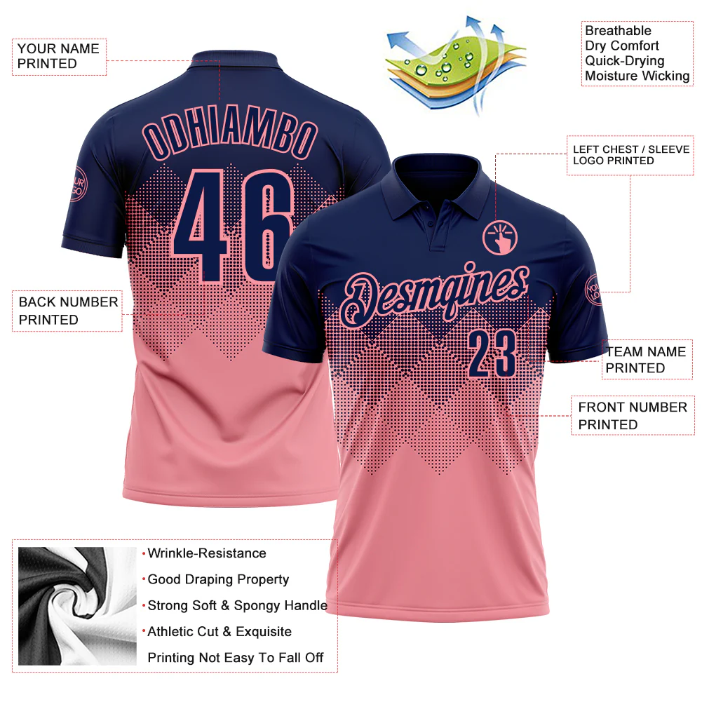 Custom Navy Medium Pink 3D Gradient Square Shape Performance Polo Shirt - Image 3