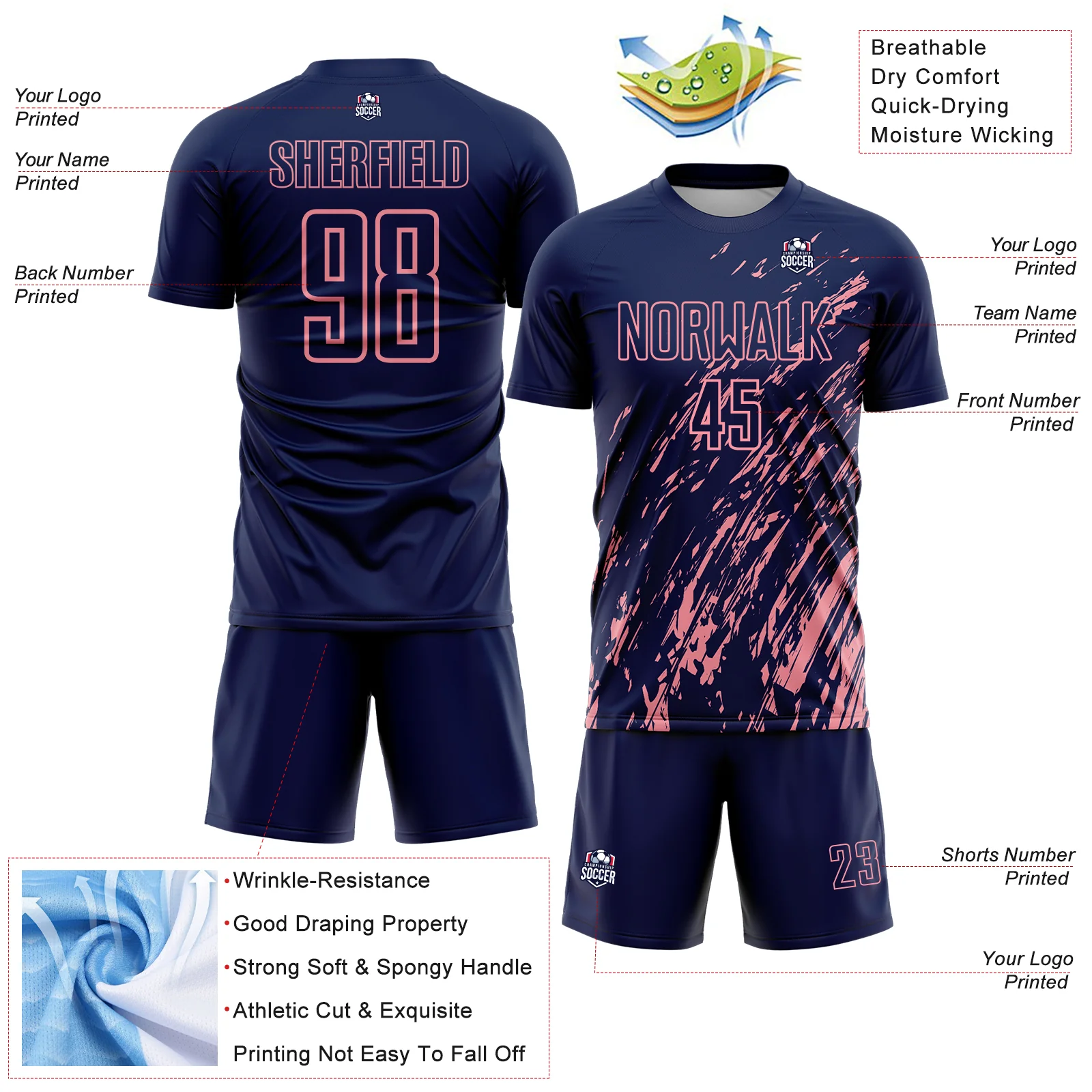 Custom Navy Medium Pink Splash Sublimation Soccer Uniform Jersey - Image 4