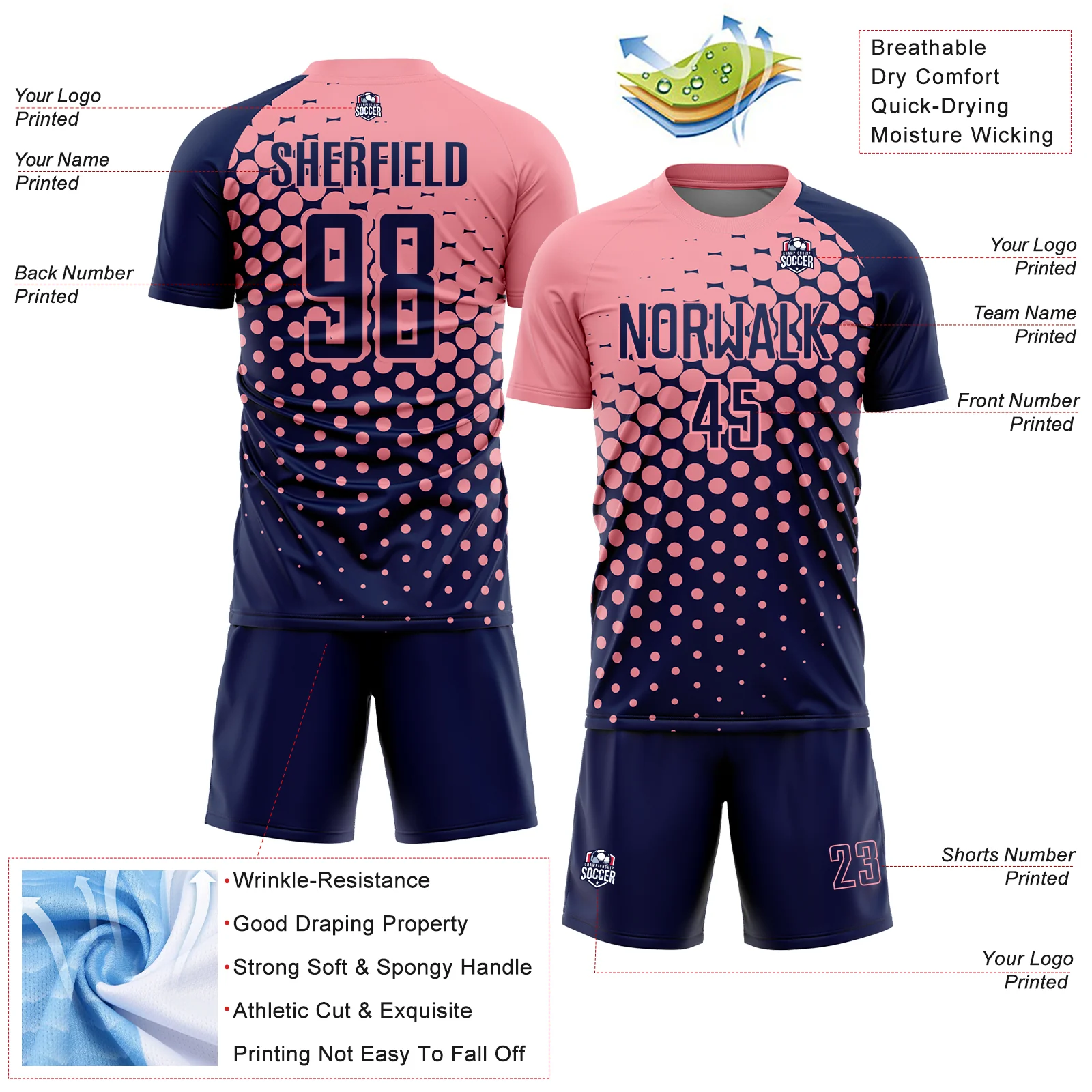 Custom Navy Medium Pink Modern Polka Dot Sublimation Soccer Uniform Jersey - Image 4