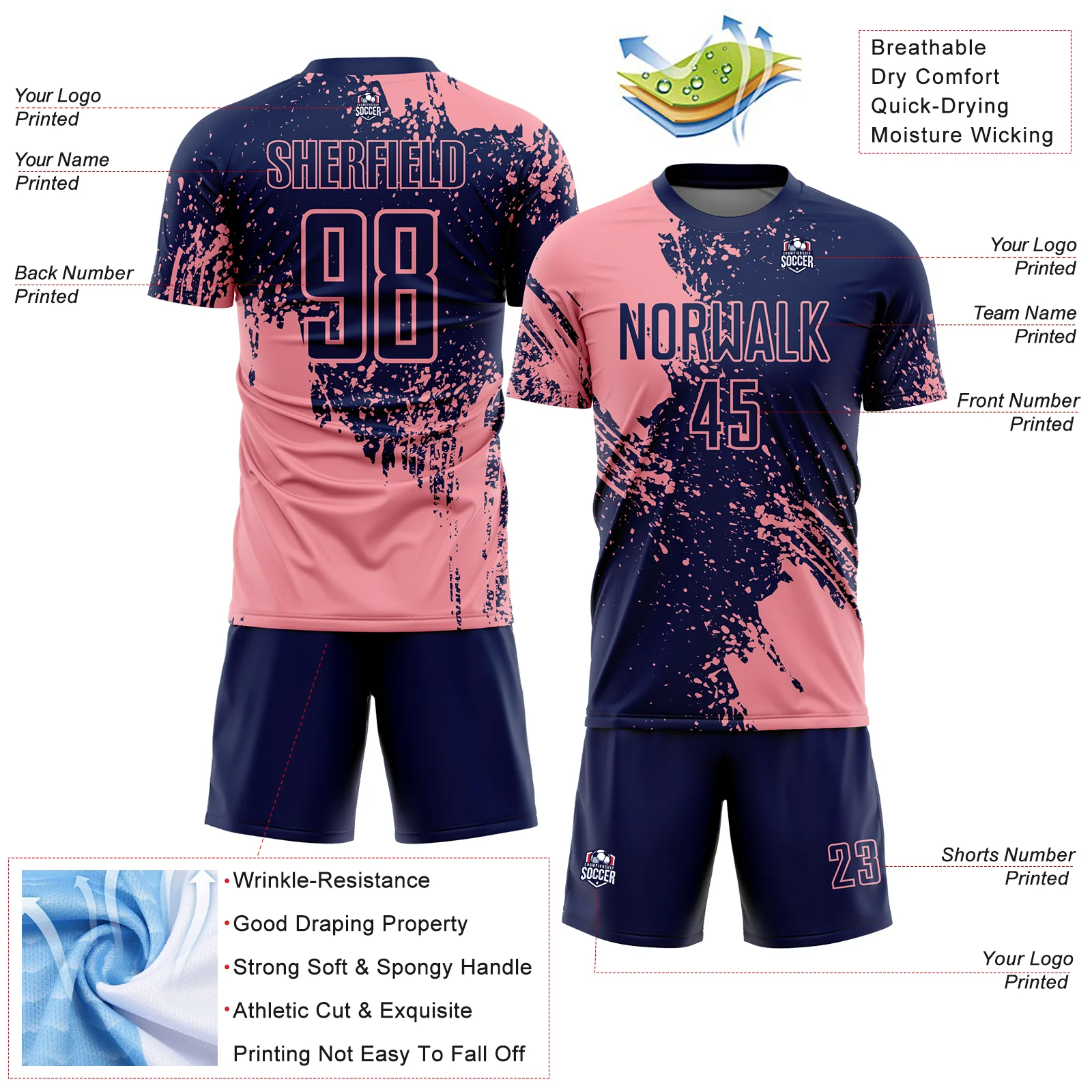 Custom Navy Medium Pink Abstract Brush Stroke Sports Sublimation Soccer Uniform Jersey - Image 4