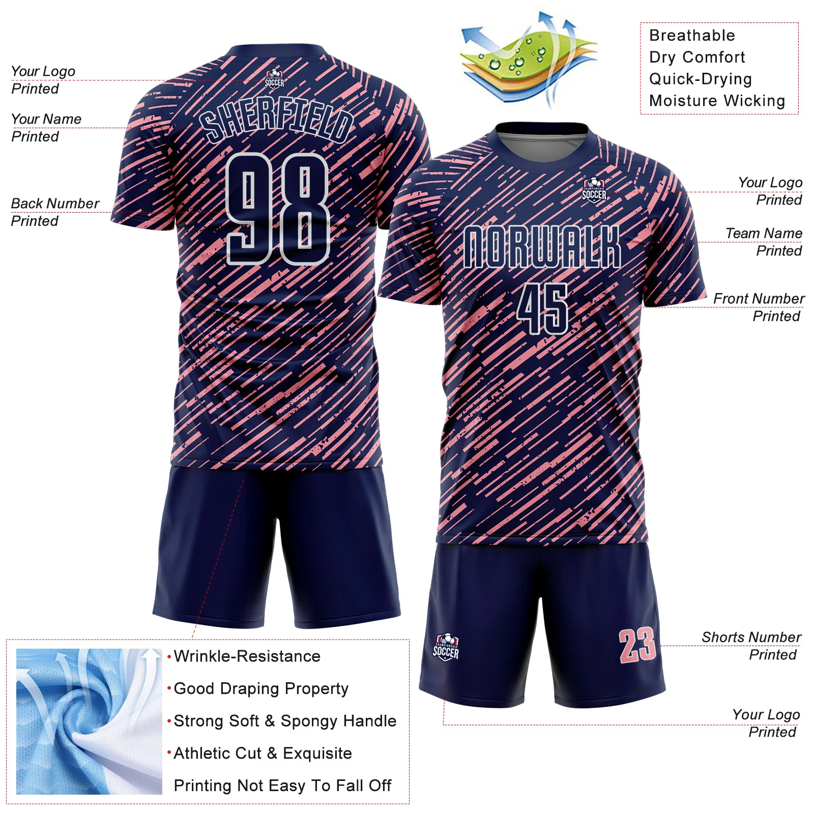 Custom Navy Medium Pink-White Line Sports Sublimation Soccer Uniform Jersey - Image 4