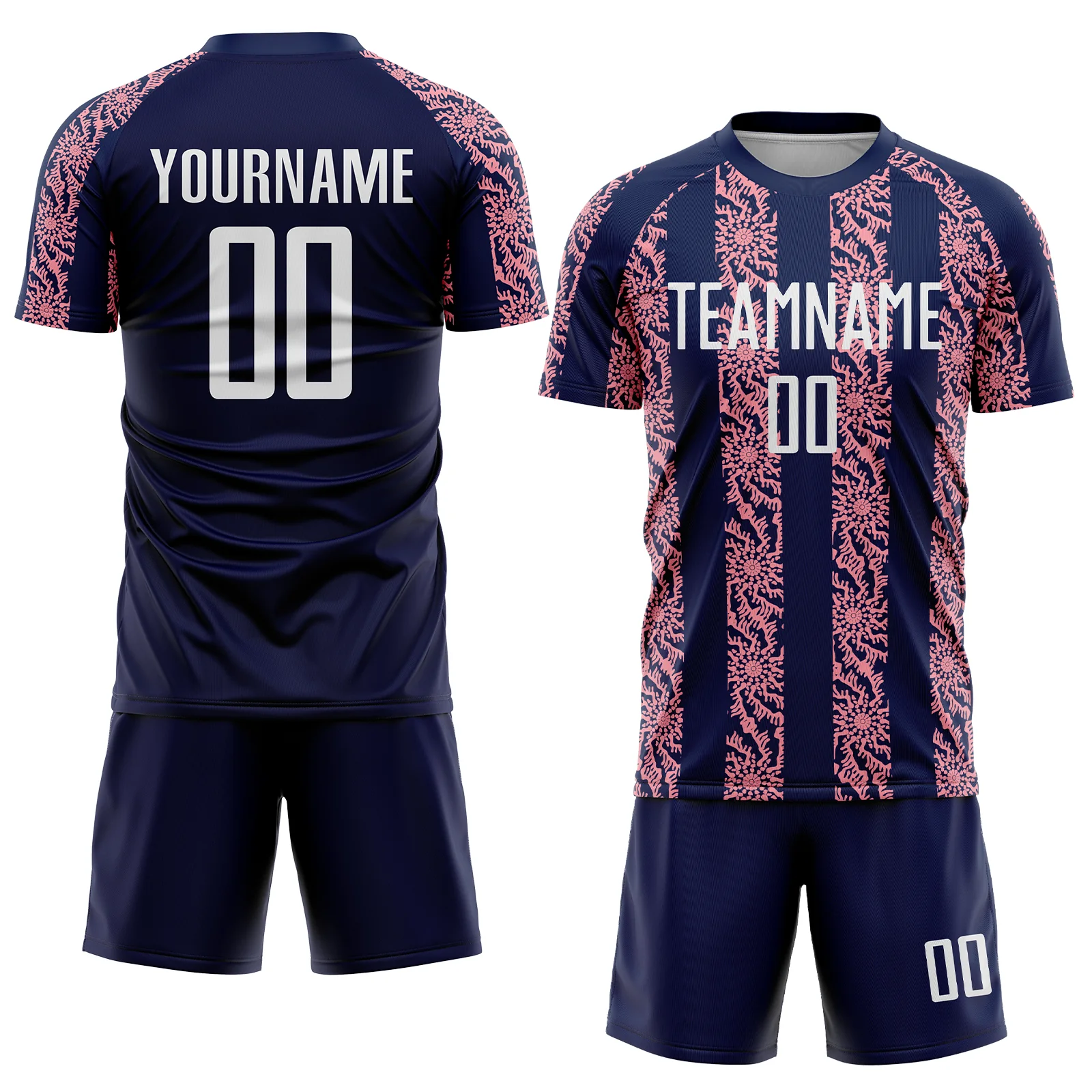 Custom Navy White-Medium Pink Abstract Shape Sublimation Soccer Uniform Jersey - Image 2