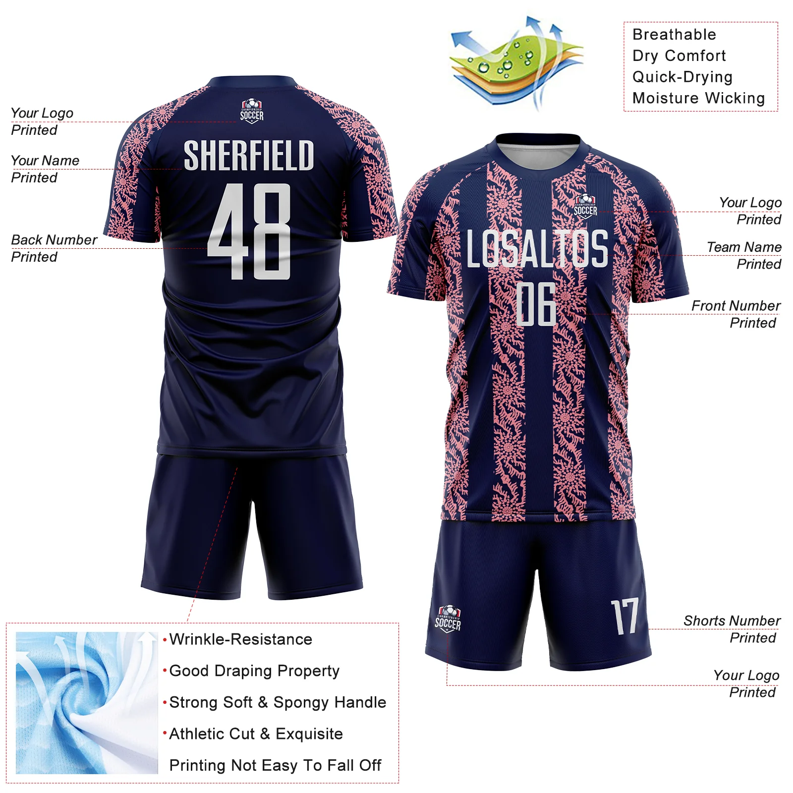 Custom Navy White-Medium Pink Abstract Shape Sublimation Soccer Uniform Jersey - Image 4