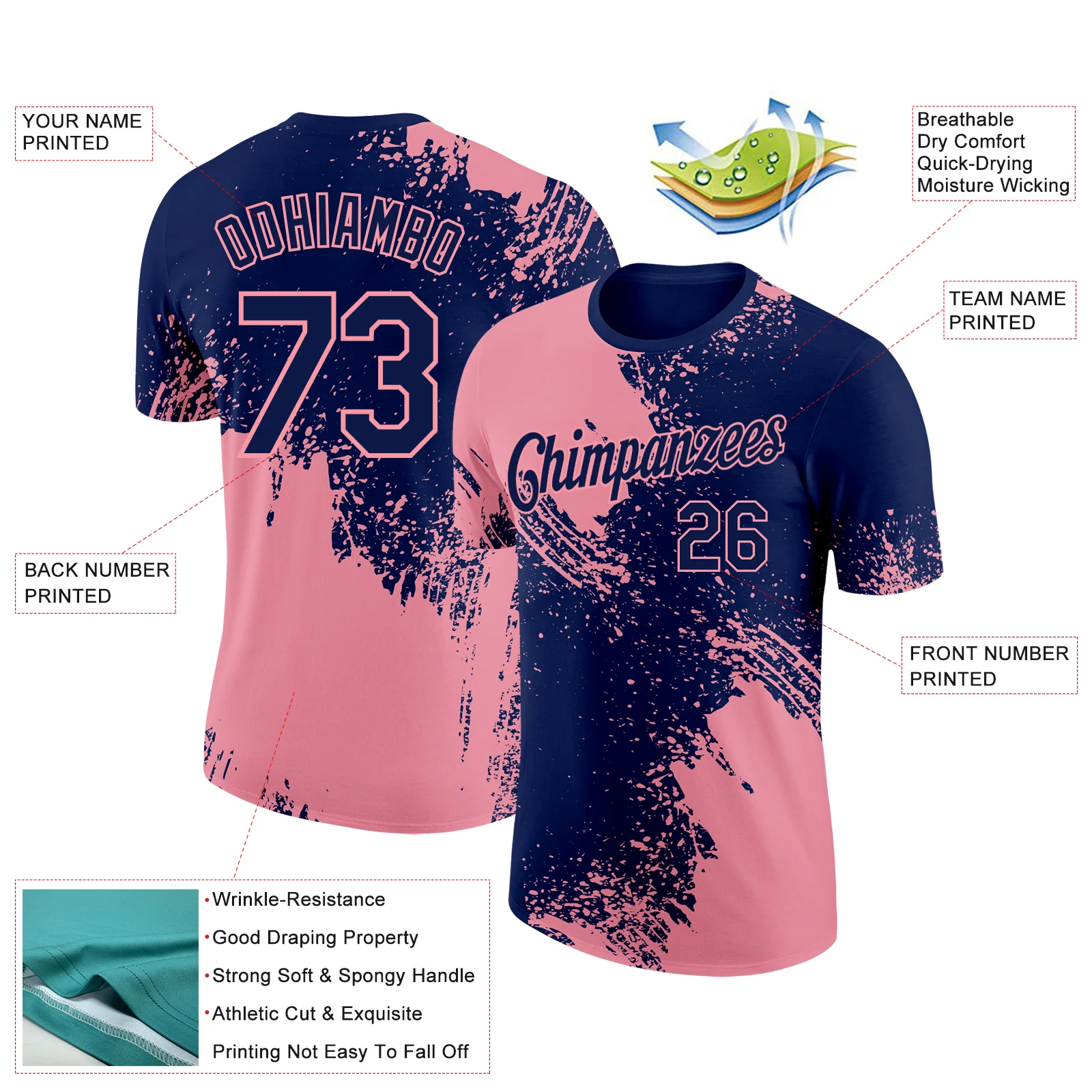 Custom Navy Medium Pink 3D Pattern Design Abstract Brush Stroke Performance T-Shirt - Image 2