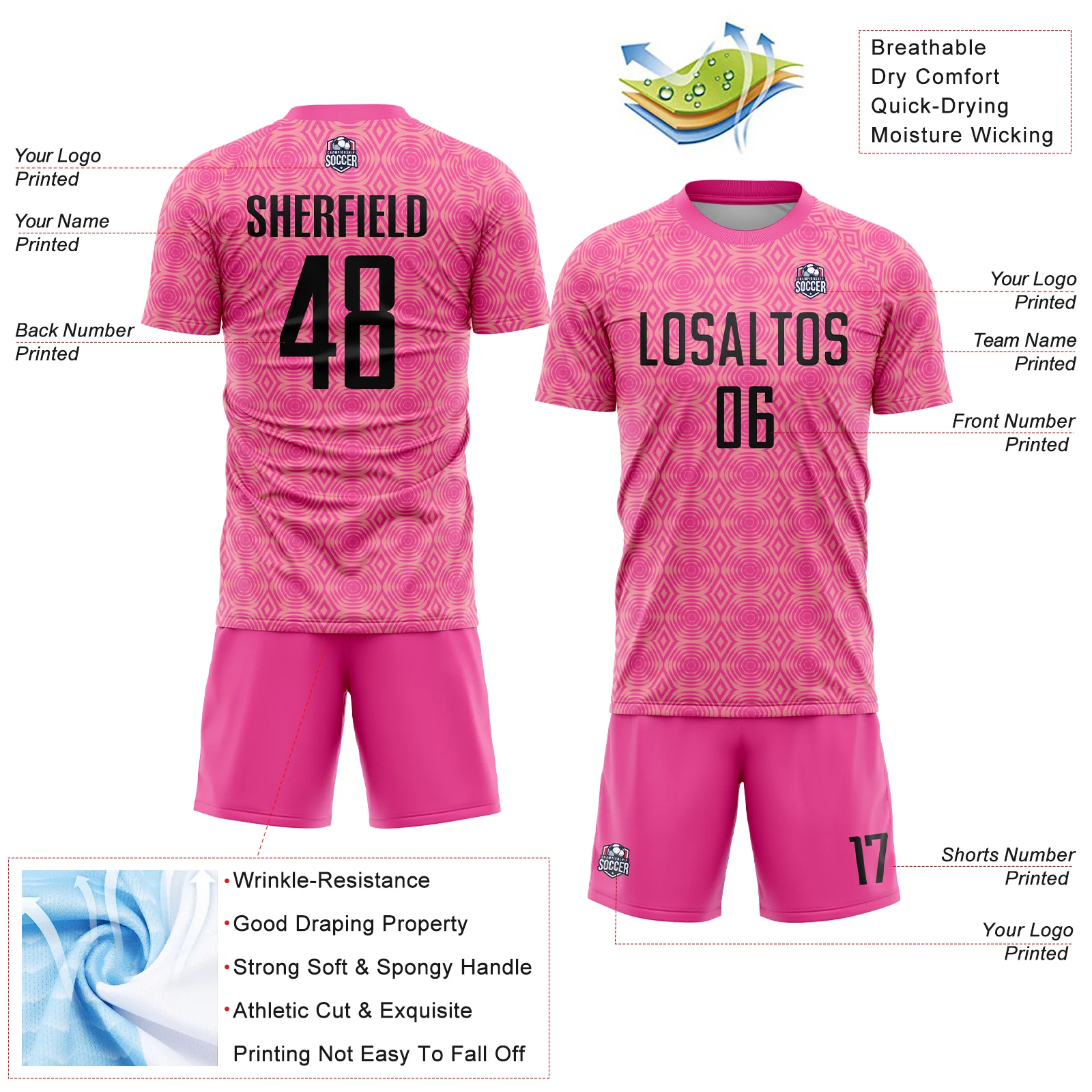 Custom Pink Black-Medium Pink Geometric Shapes Sublimation Soccer Uniform Jersey - Image 4
