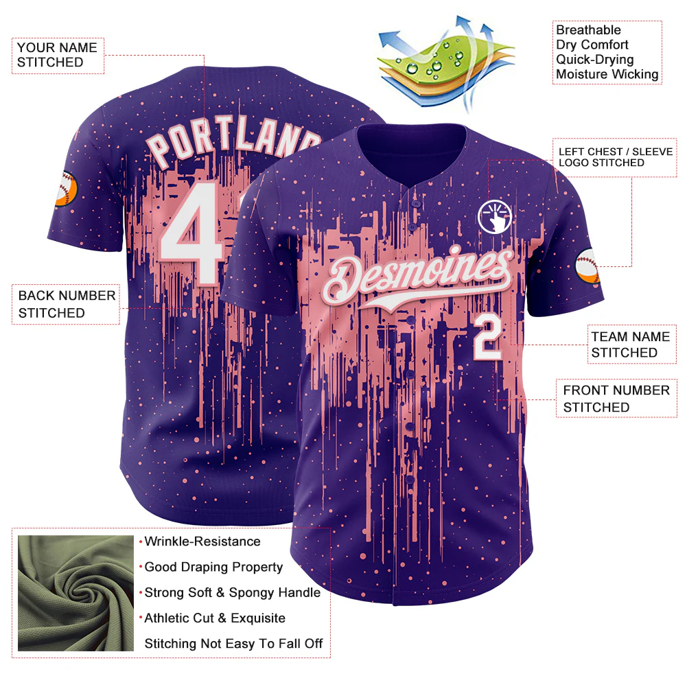 Custom Purple White-Medium Pink Dripping Splatter Paint Authentic Baseball Jersey - Image 3