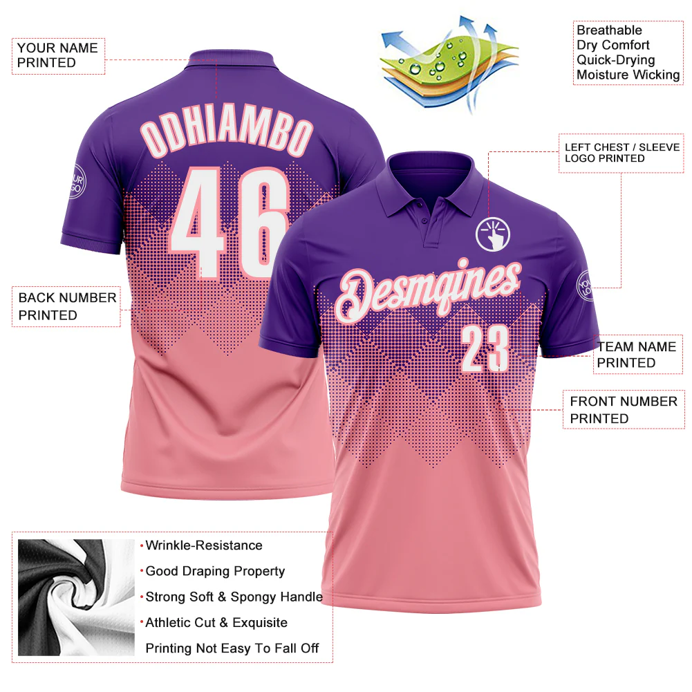 Custom Purple White-Medium Pink 3D Gradient Square Shape Performance Polo Shirt - Image 3