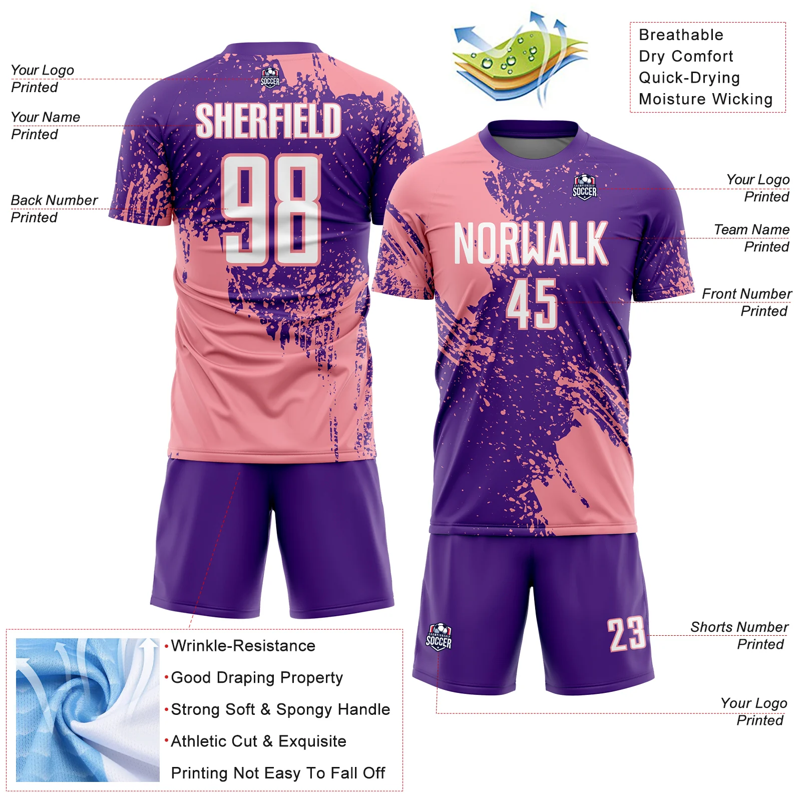 Custom Purple White-Medium Pink Abstract Brush Stroke Sports Sublimation Soccer Uniform Jersey - Image 4