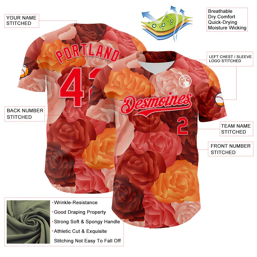 Custom Red Fire Red-Medium Pink 3D Ambartive Rose Pattern Authentic Baseball Jersey - Image 3