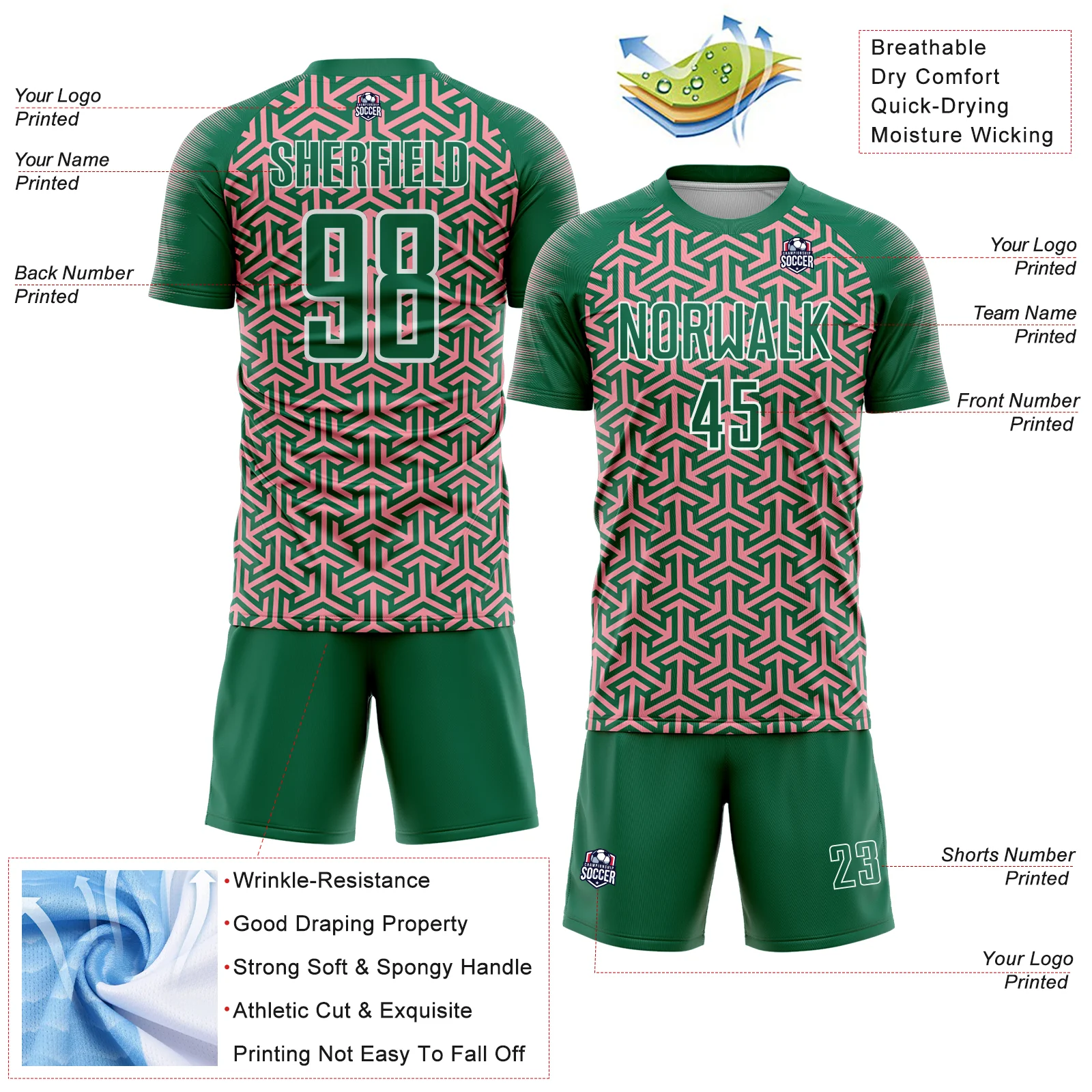 Custom Kelly Green Medium Pink-White Geometric Arrow Sublimation Soccer Uniform Jersey - Image 4