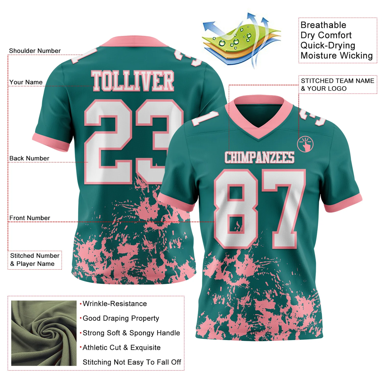 Custom Teal White-Medium Pink 3D Pattern Splash Authentic Football Jersey - Image 2