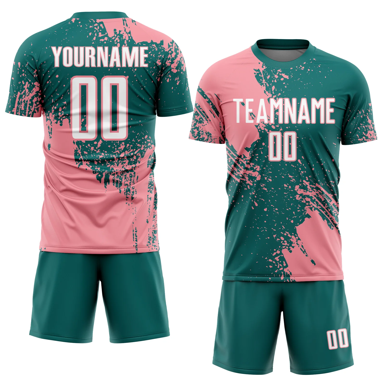 Custom Teal White-Medium Pink Abstract Brush Stroke Sports Sublimation Soccer Uniform Jersey - Image 2